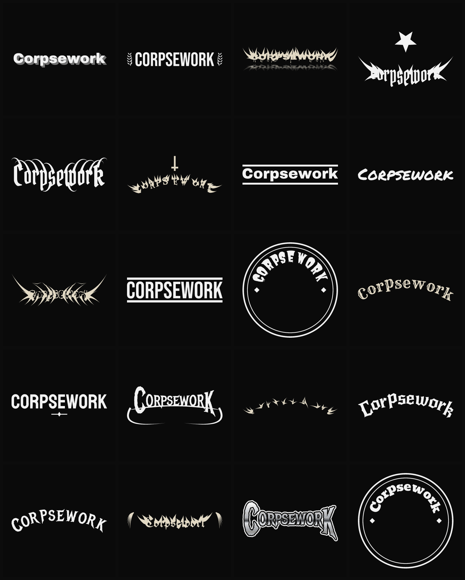 Twenty Corpsework band logo ideas — different faces, treatments and spike settings
