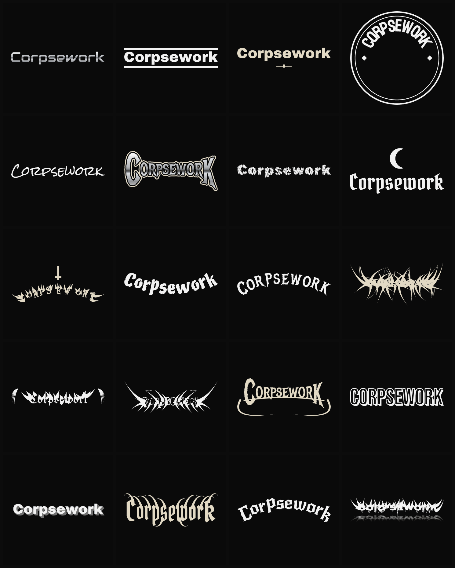 Twenty Corpsework band logo ideas — different faces, treatments and spike settings
