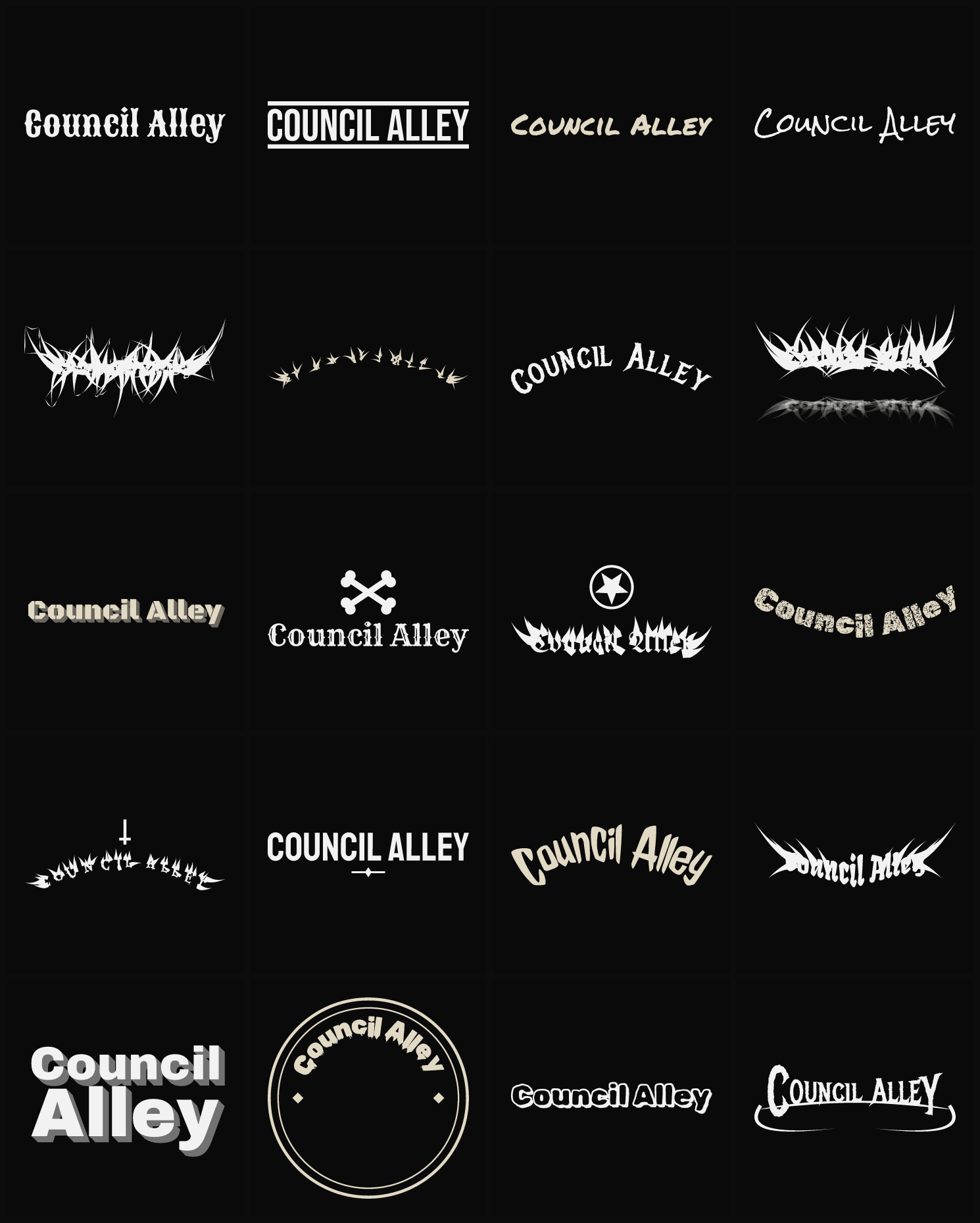 Twenty Council Alley band logo ideas — different faces, treatments and spike settings
