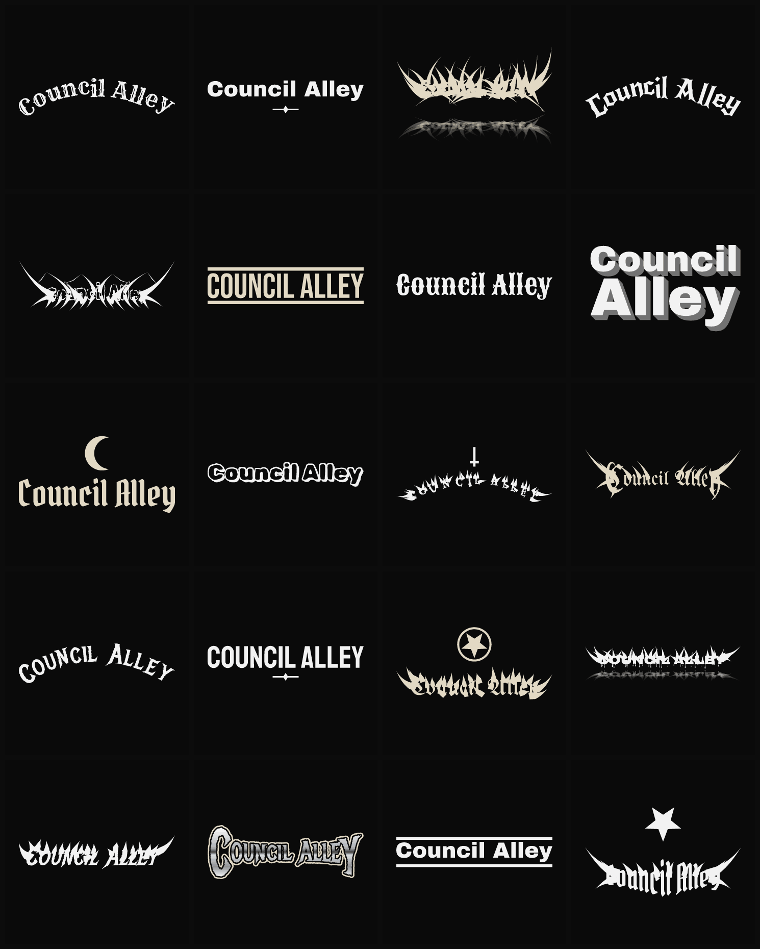 Twenty Council Alley band logo ideas — different faces, treatments and spike settings