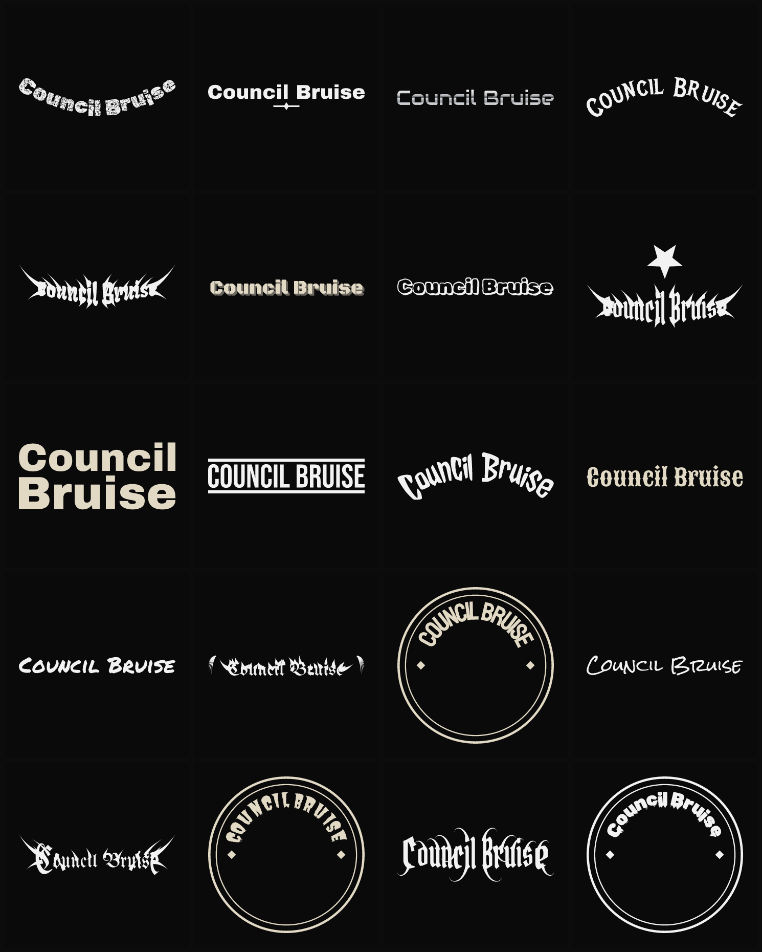 Twenty Council Bruise band logo ideas — different faces, treatments and spike settings