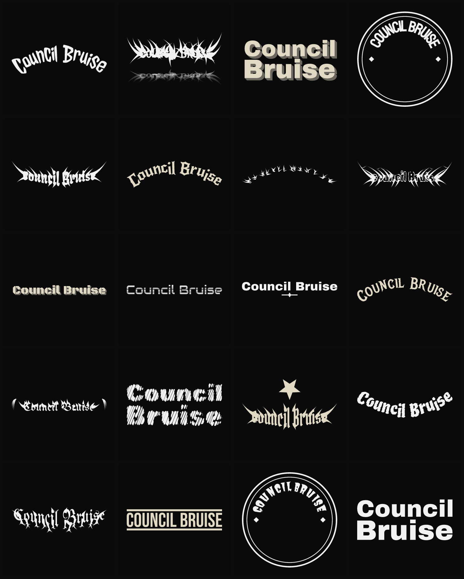 Twenty Council Bruise band logo ideas — different faces, treatments and spike settings