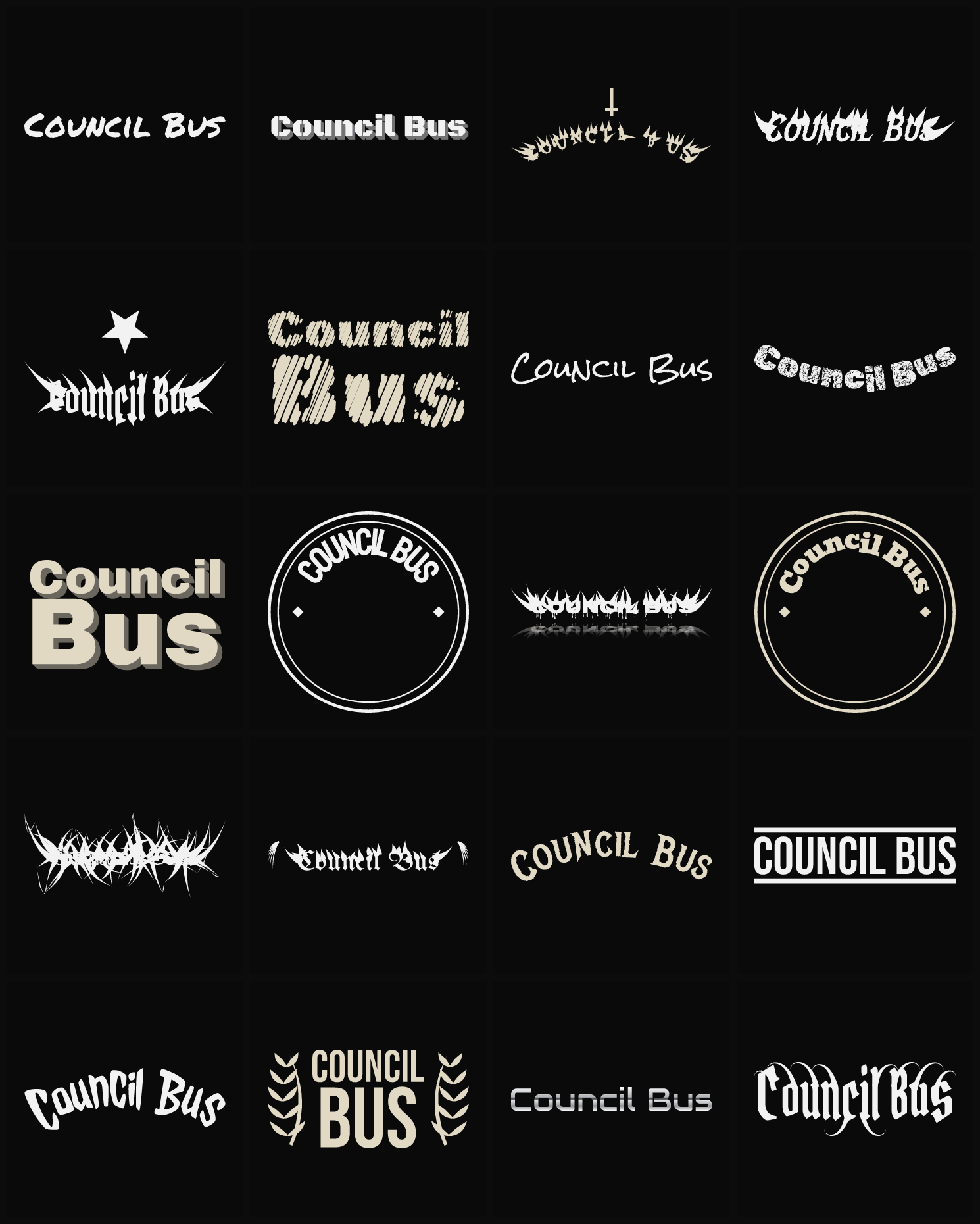 Twenty Council Bus band logo ideas — different faces, treatments and spike settings