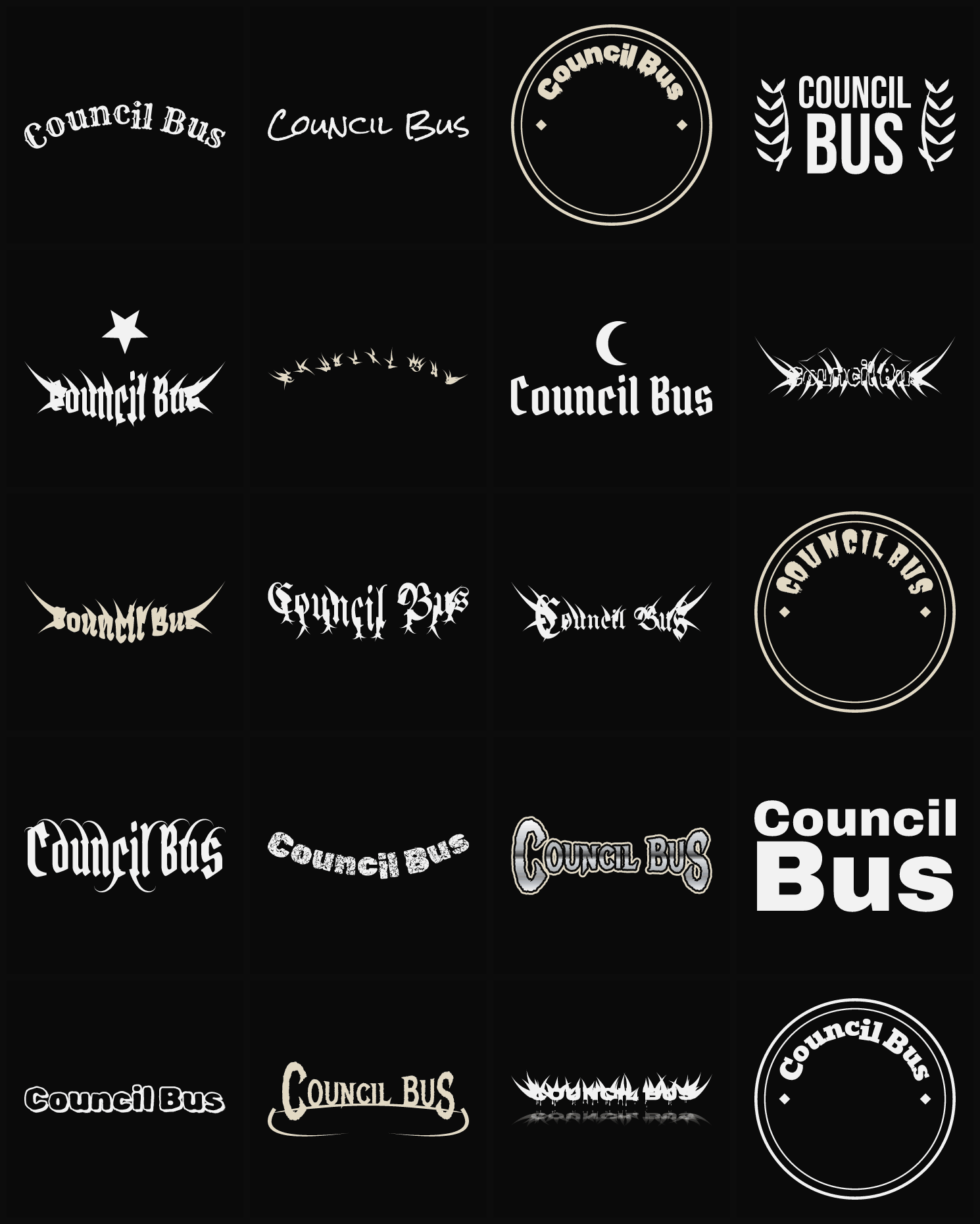 Twenty Council Bus band logo ideas — different faces, treatments and spike settings