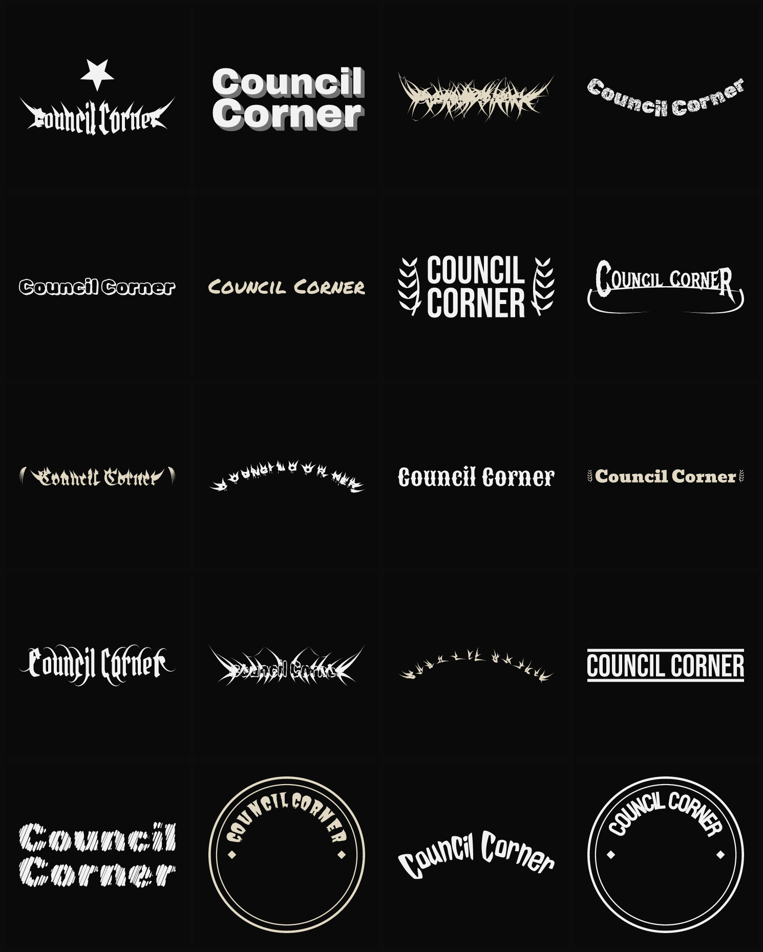 Twenty Council Corner band logo ideas — different faces, treatments and spike settings