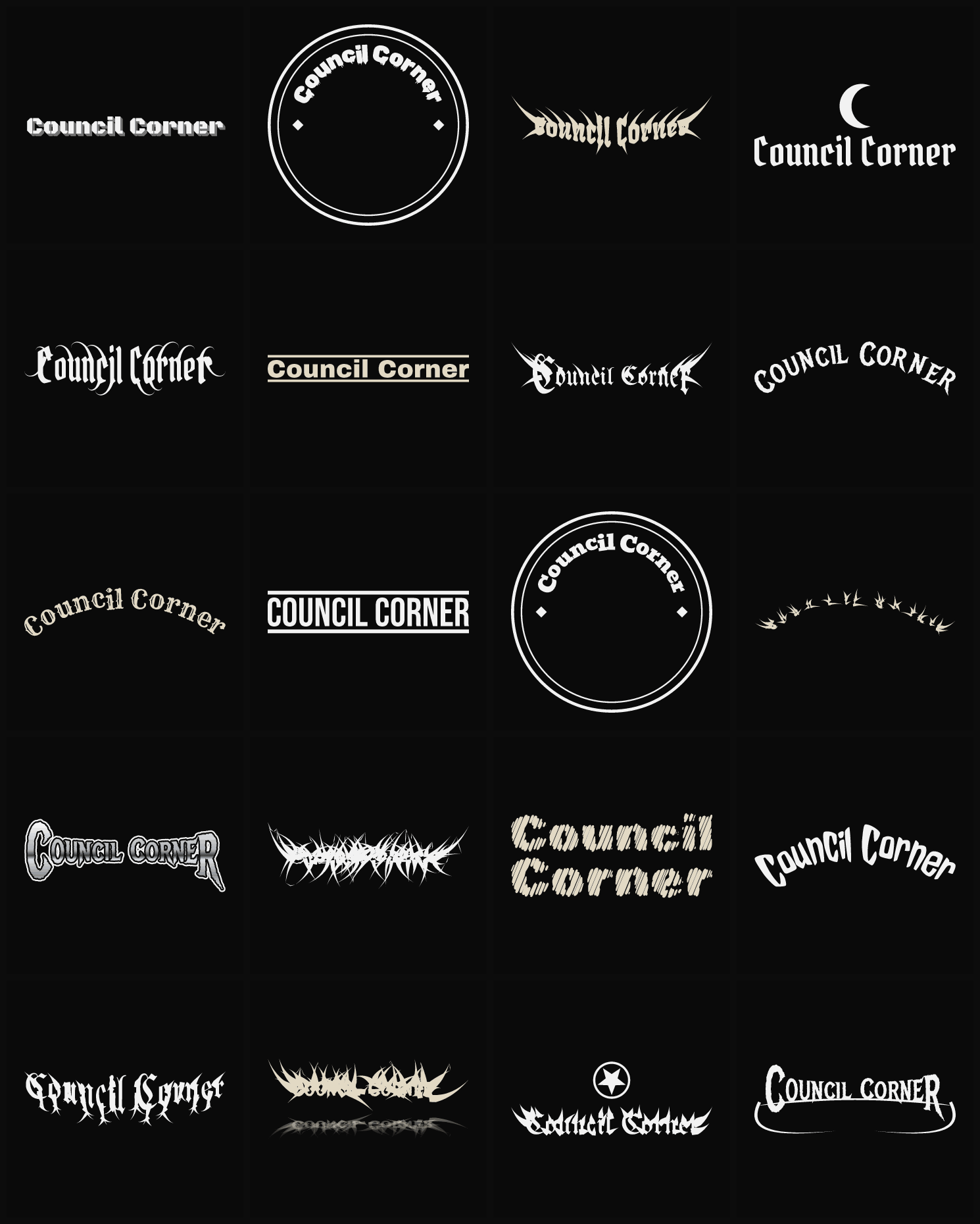 Twenty Council Corner band logo ideas — different faces, treatments and spike settings