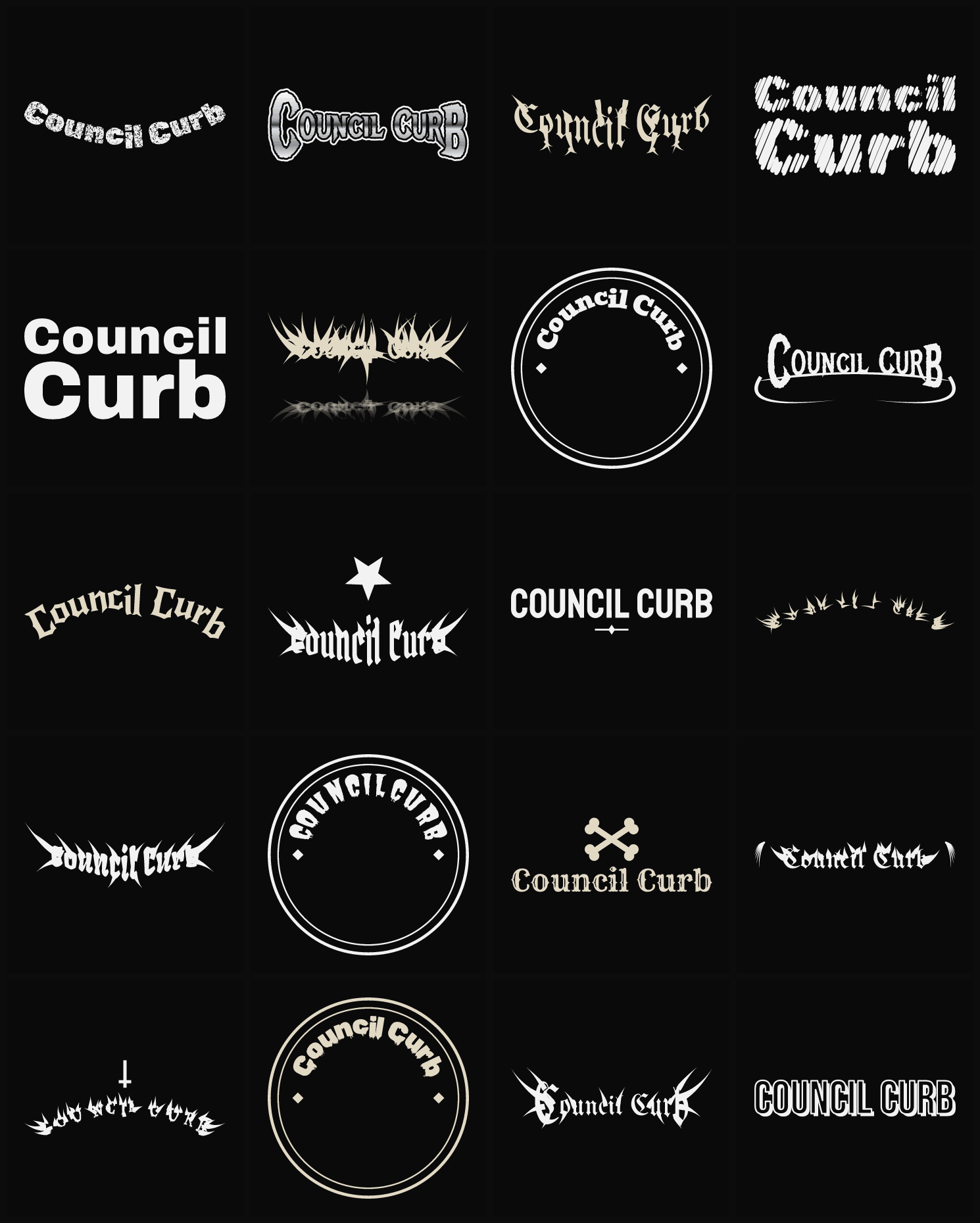 Twenty Council Curb band logo ideas — different faces, treatments and spike settings