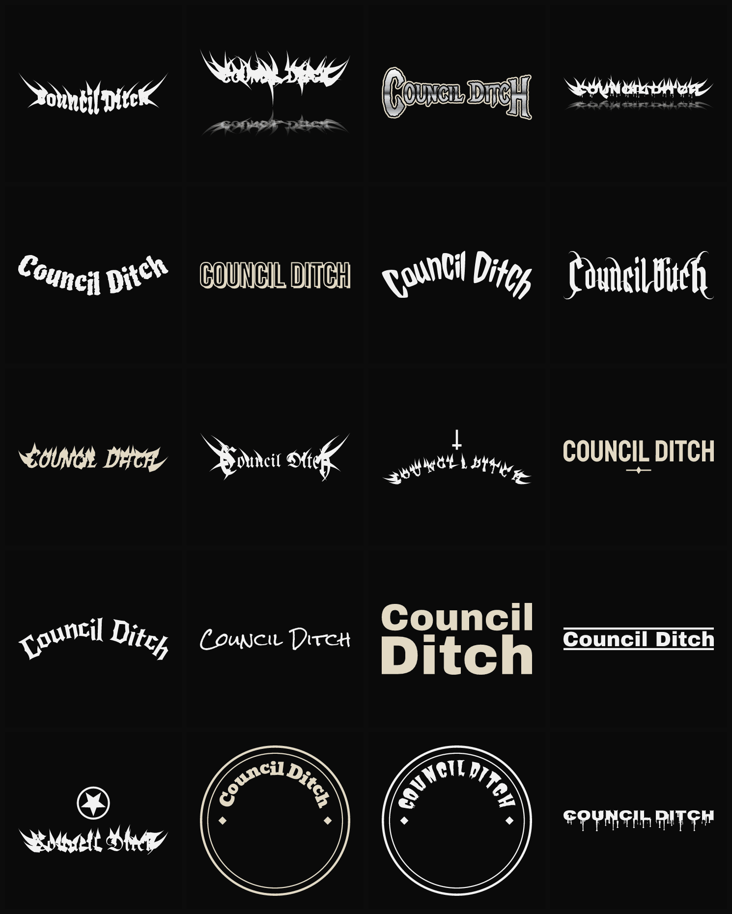 Twenty Council Ditch band logo ideas — different faces, treatments and spike settings