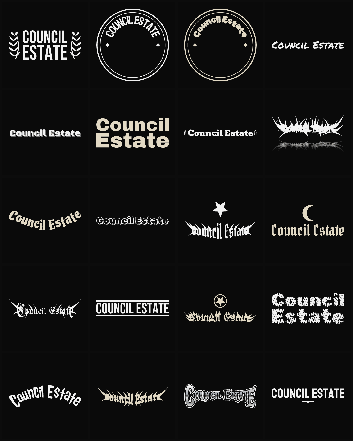 Twenty Council Estate band logo ideas — different faces, treatments and spike settings