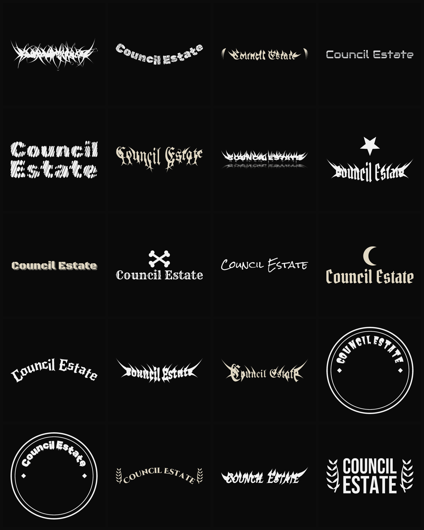 Twenty Council Estate band logo ideas — different faces, treatments and spike settings