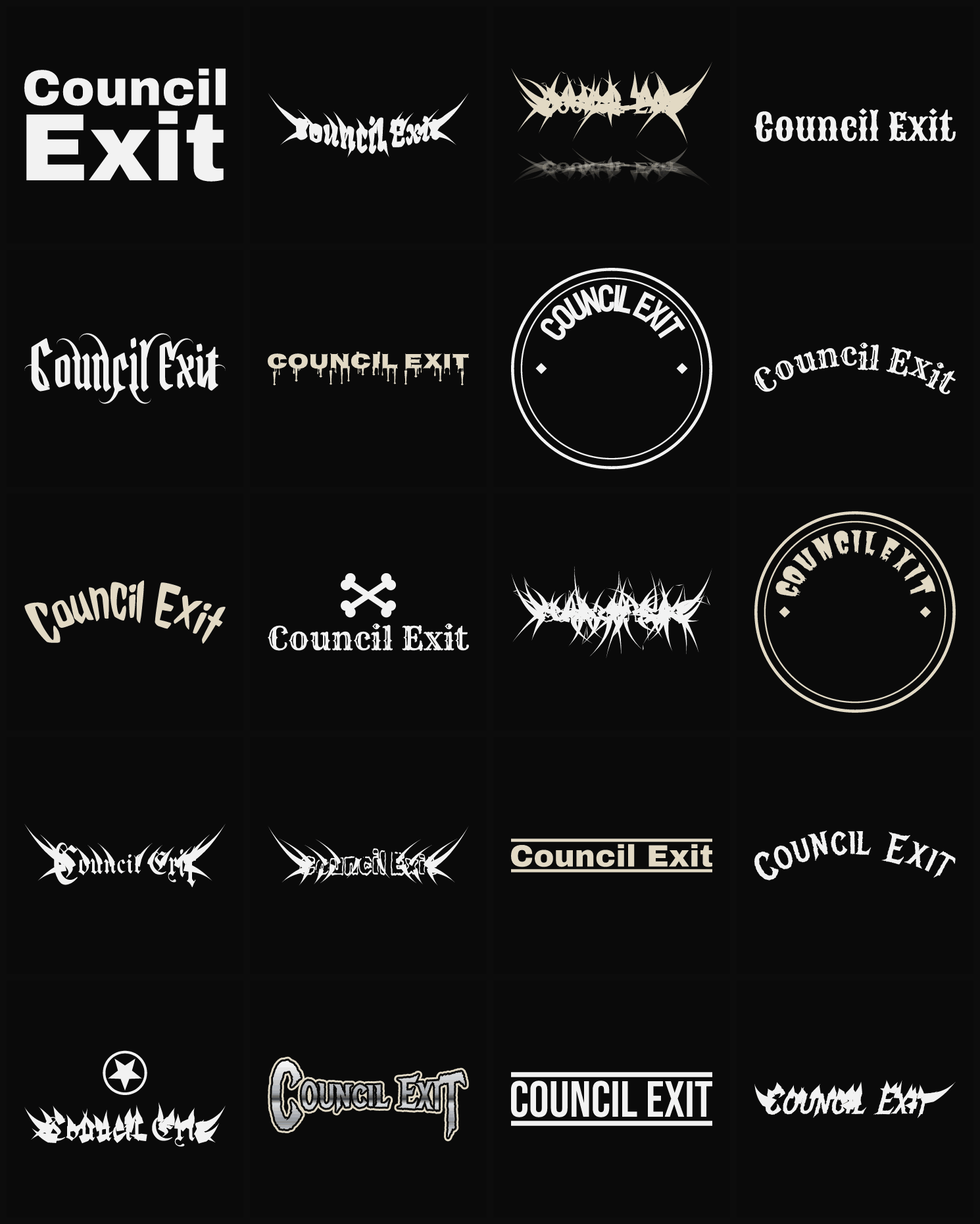 Twenty Council Exit band logo ideas — different faces, treatments and spike settings
