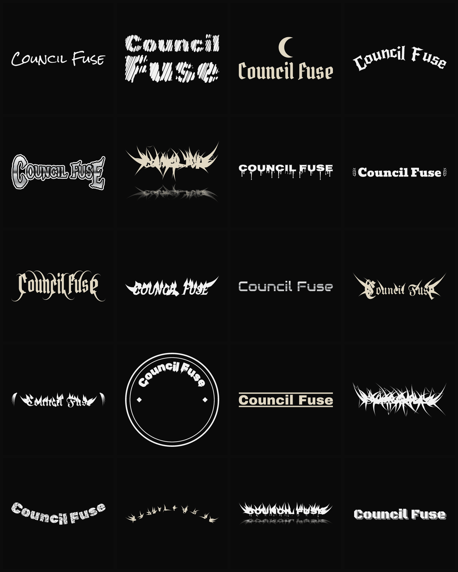 Twenty Council Fuse band logo ideas — different faces, treatments and spike settings