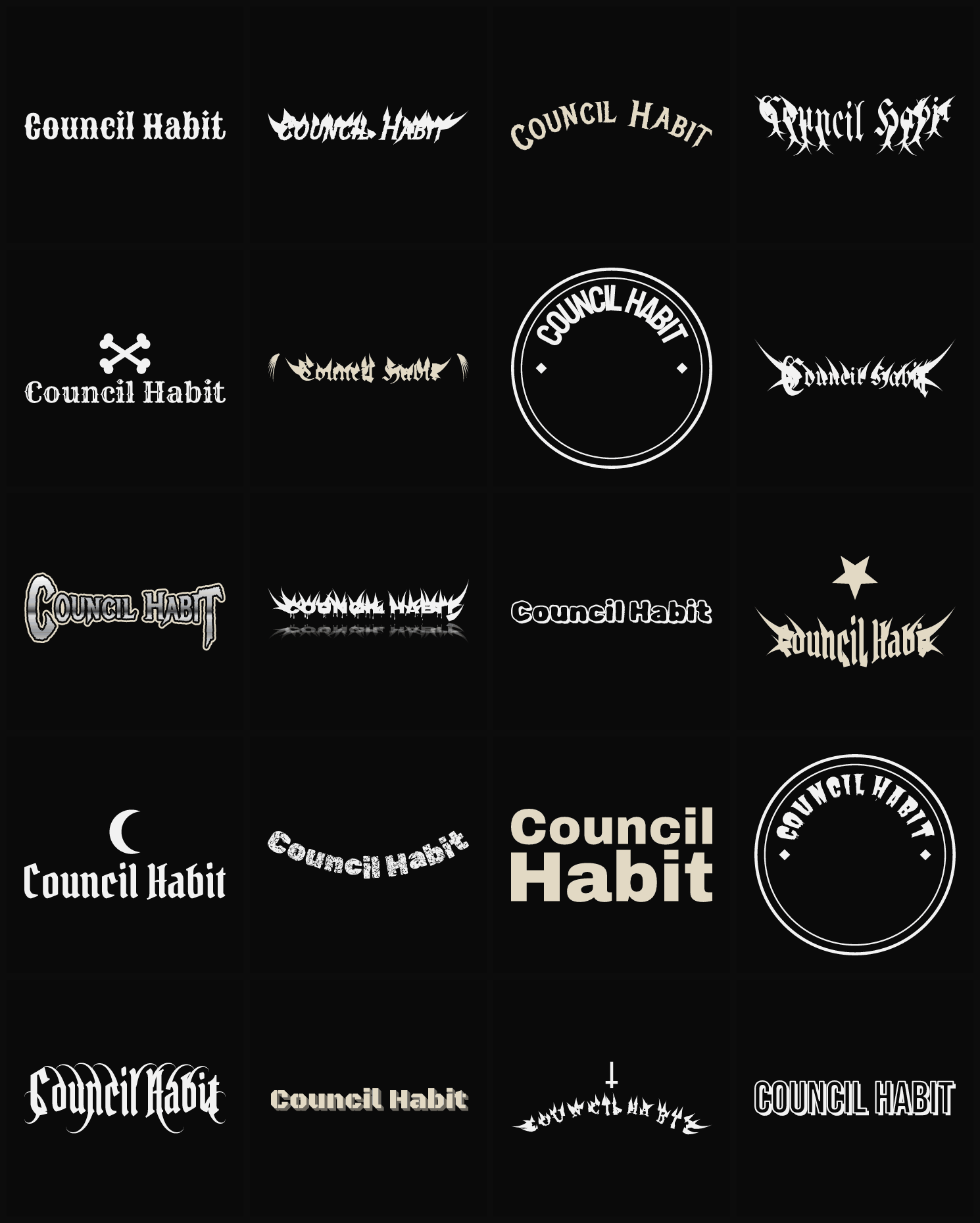 Twenty Council Habit band logo ideas — different faces, treatments and spike settings