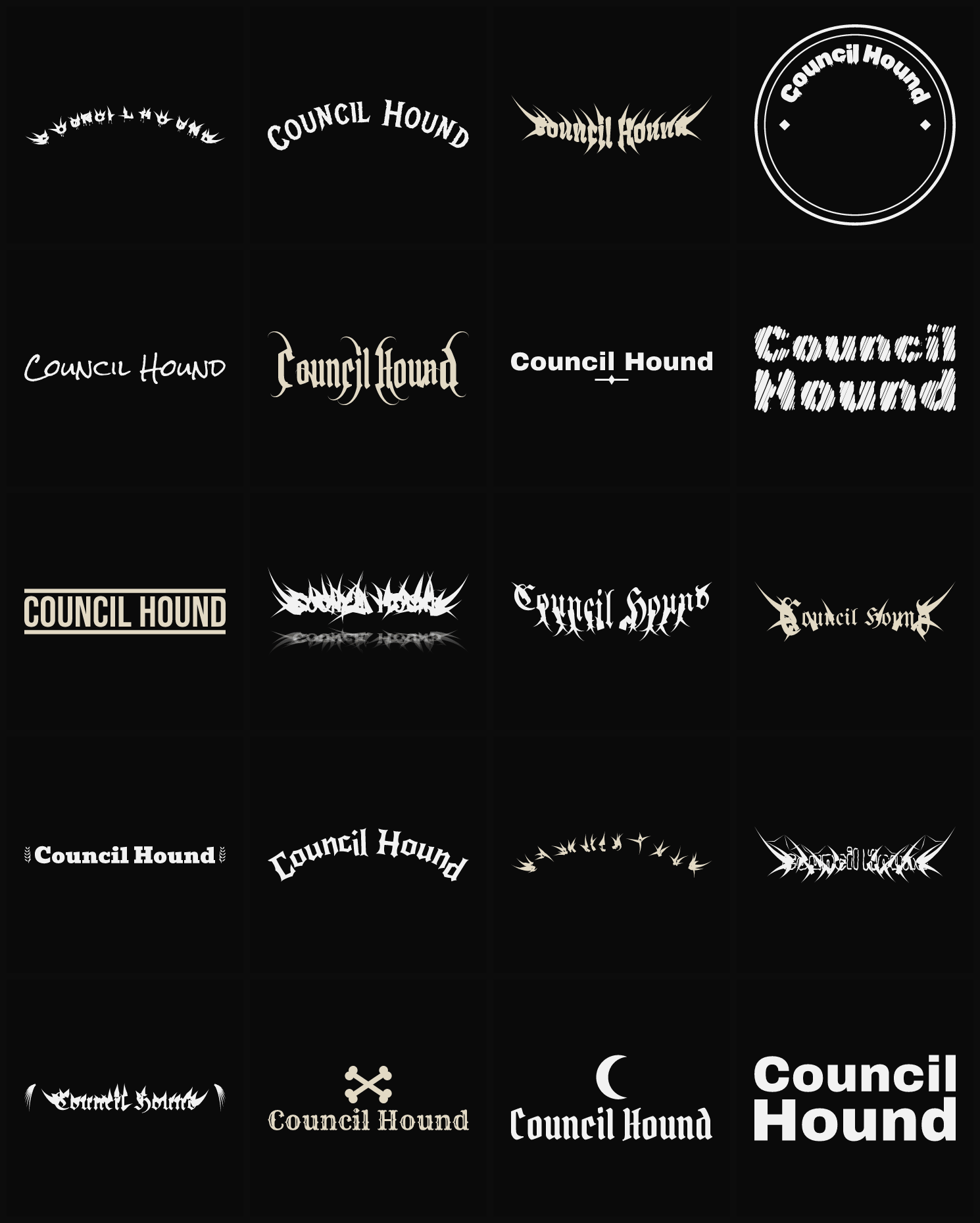 Twenty Council Hound band logo ideas — different faces, treatments and spike settings
