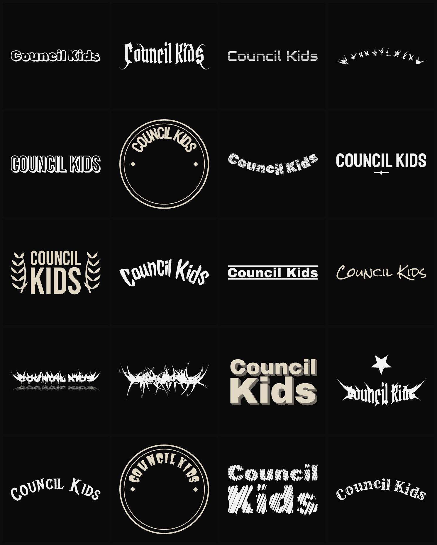 Twenty Council Kids band logo ideas — different faces, treatments and spike settings