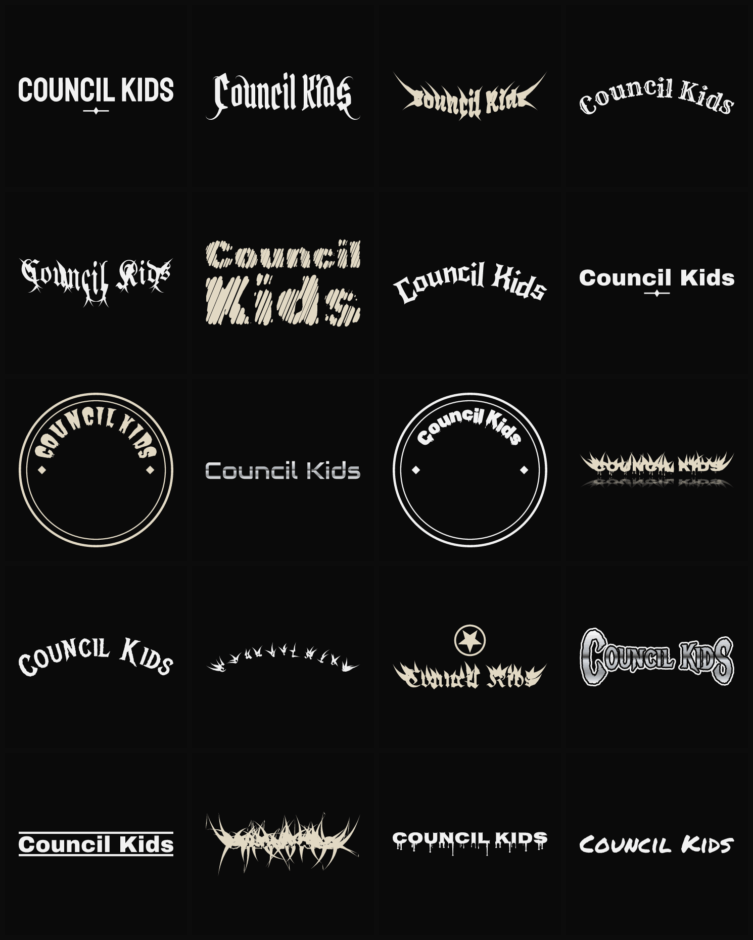 Twenty Council Kids band logo ideas — different faces, treatments and spike settings