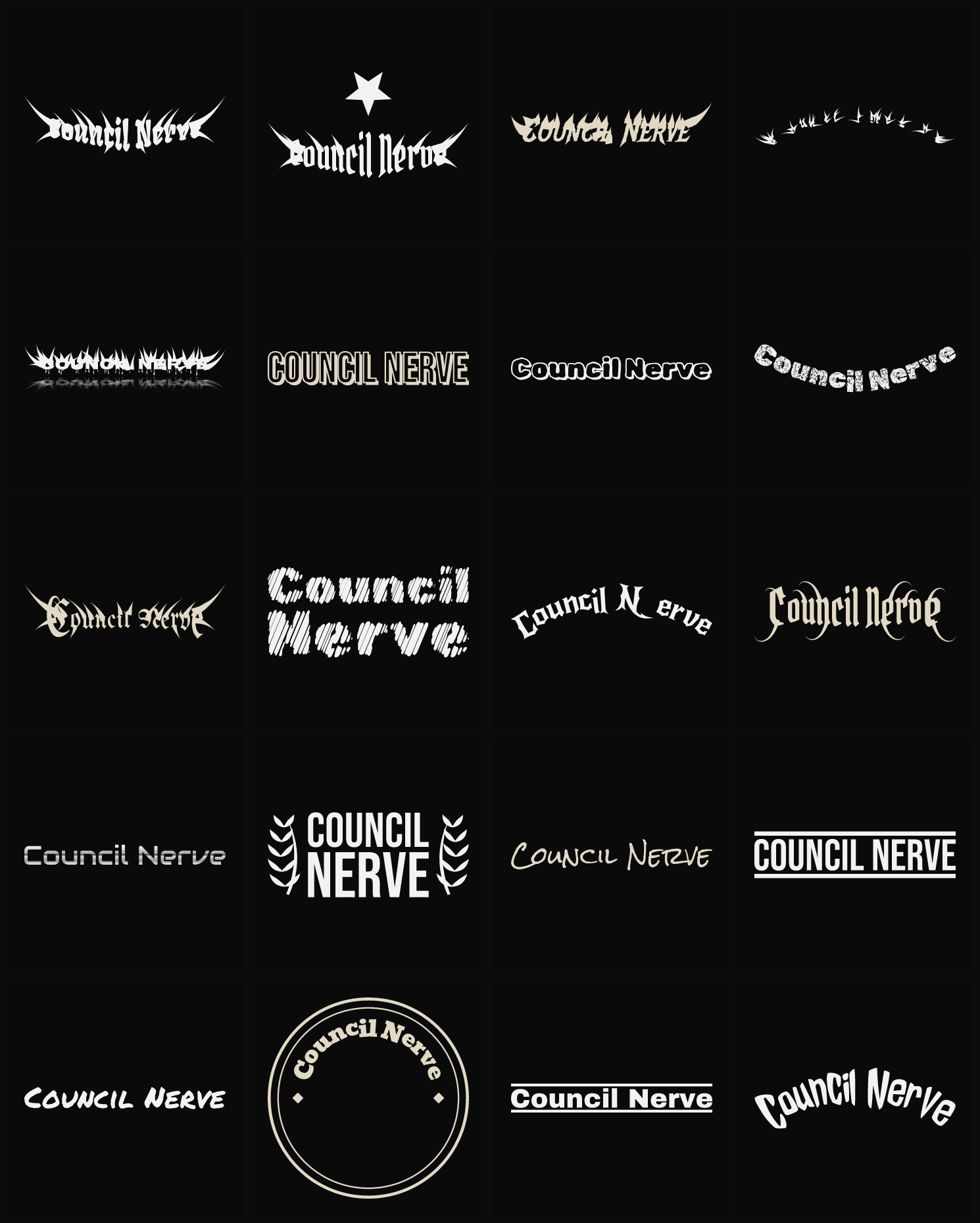 Twenty Council Nerve band logo ideas — different faces, treatments and spike settings