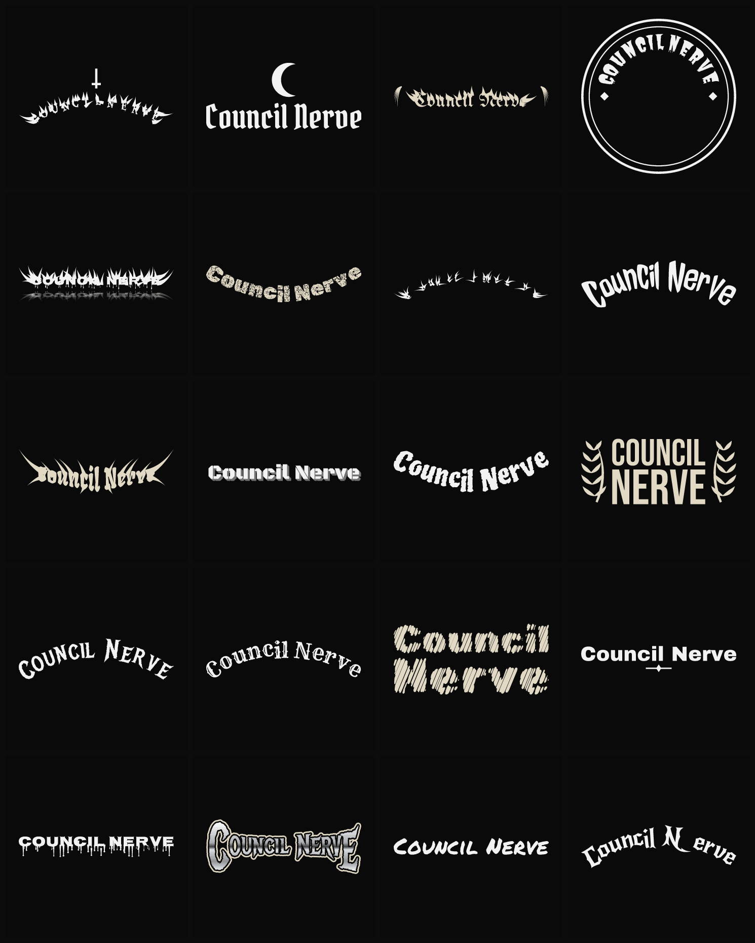 Twenty Council Nerve band logo ideas — different faces, treatments and spike settings