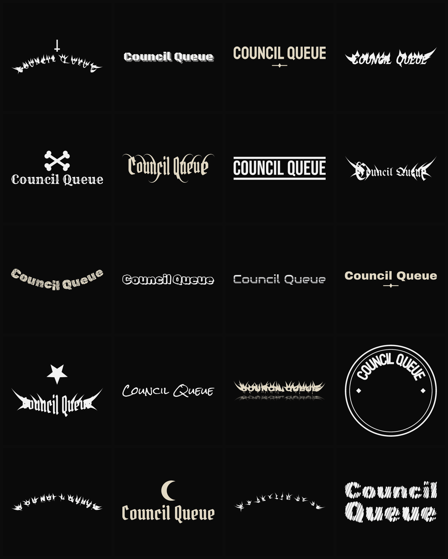 Twenty Council Queue band logo ideas — different faces, treatments and spike settings
