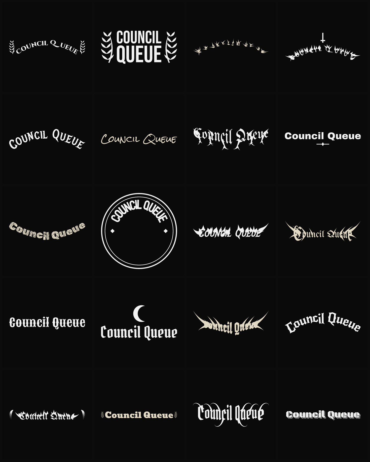 Twenty Council Queue band logo ideas — different faces, treatments and spike settings