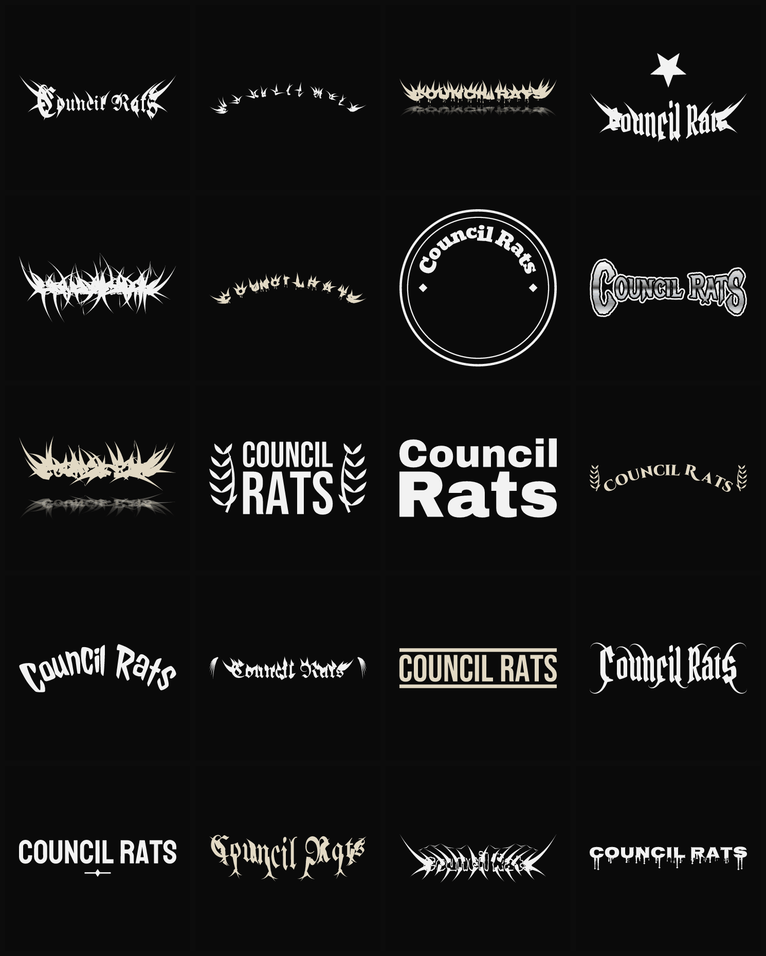 Twenty Council Rats band logo ideas — different faces, treatments and spike settings