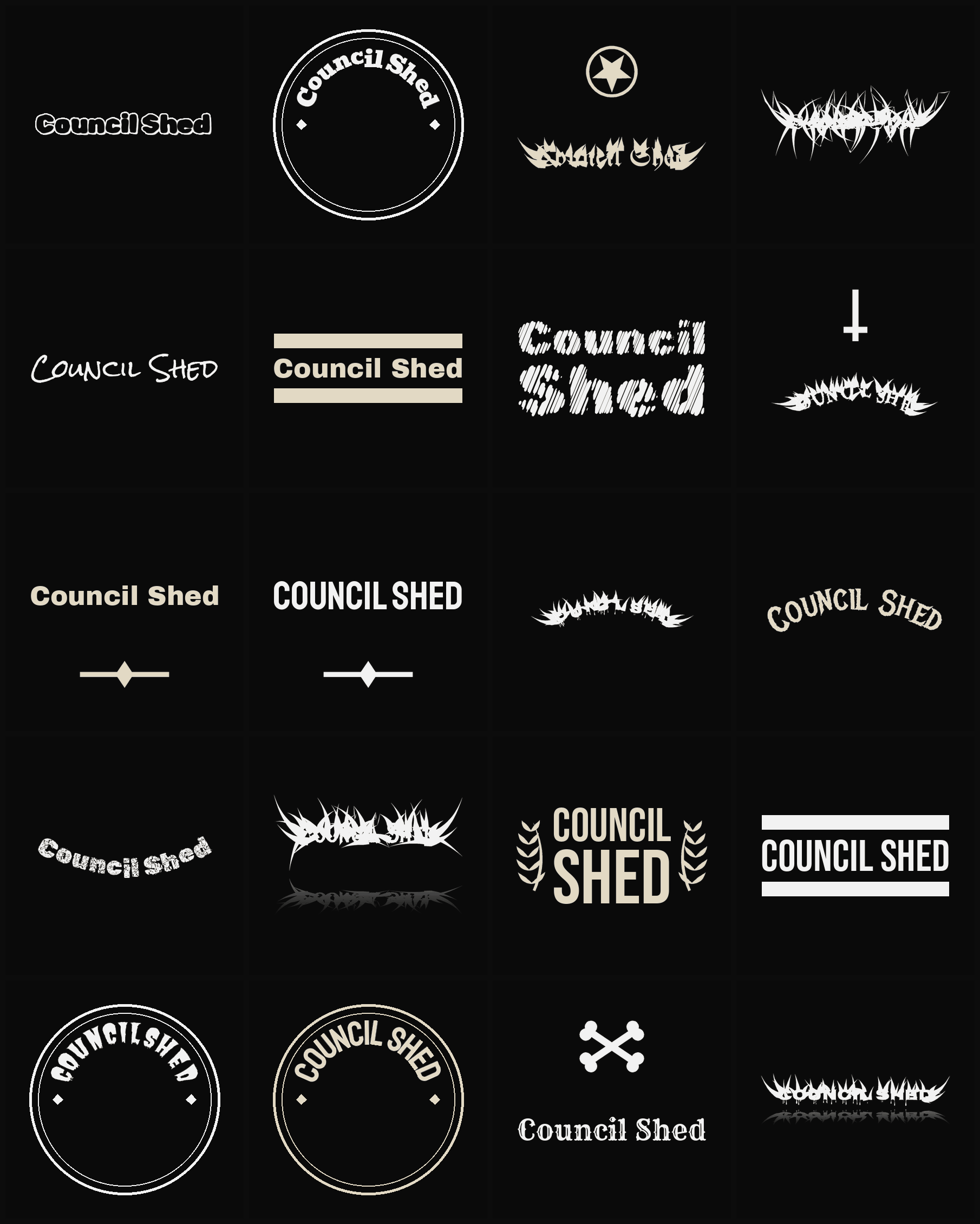 Twenty Council Shed band logo ideas — different faces, treatments and spike settings