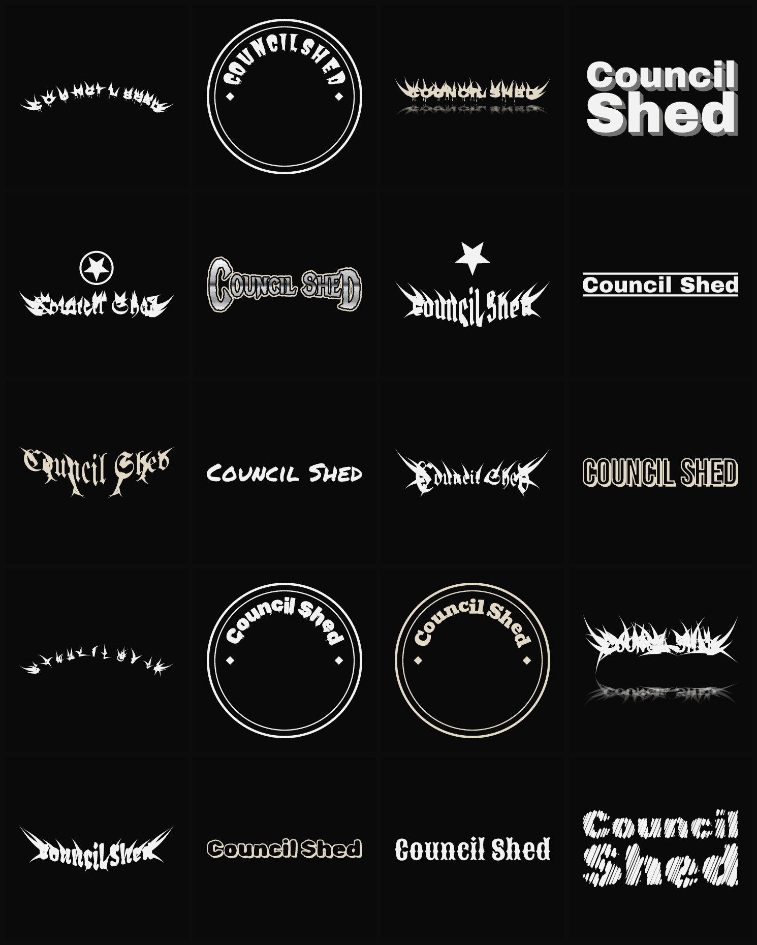 Twenty Council Shed band logo ideas — different faces, treatments and spike settings