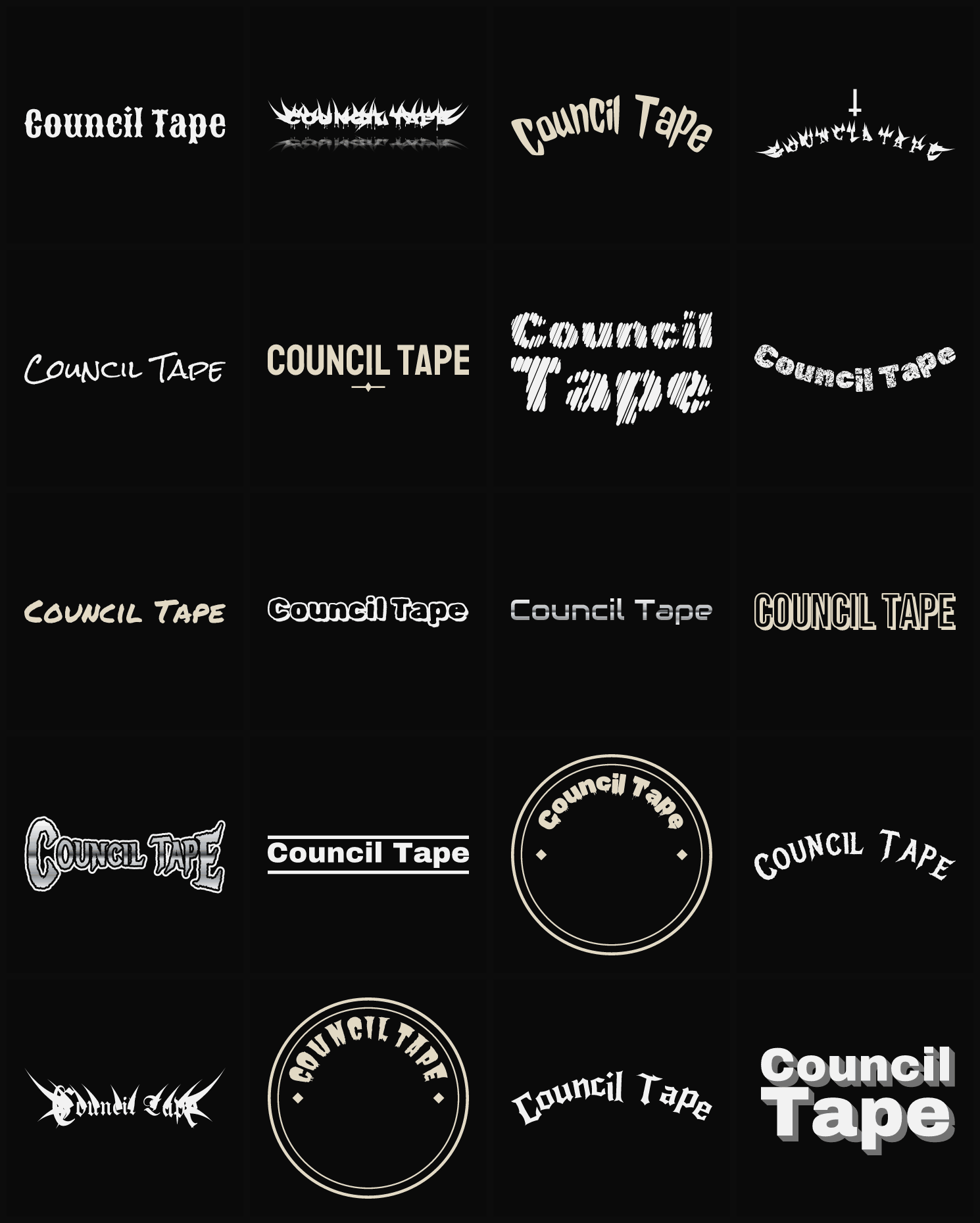 Twenty Council Tape band logo ideas — different faces, treatments and spike settings