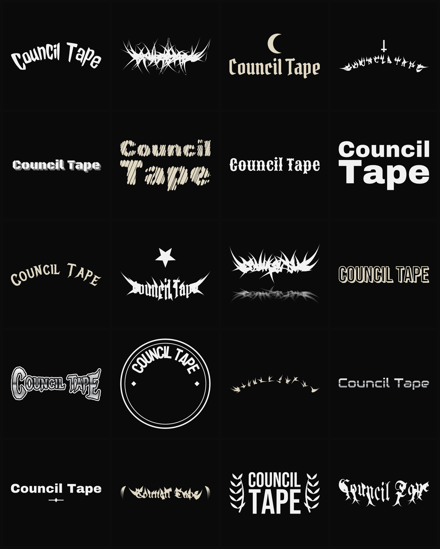 Twenty Council Tape band logo ideas — different faces, treatments and spike settings