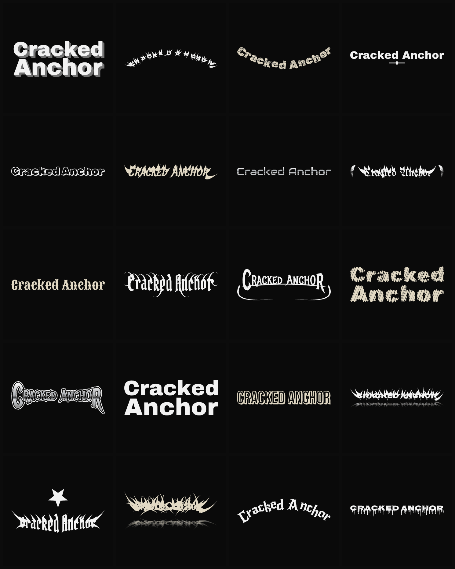 Twenty Cracked Anchor band logo ideas — different faces, treatments and spike settings