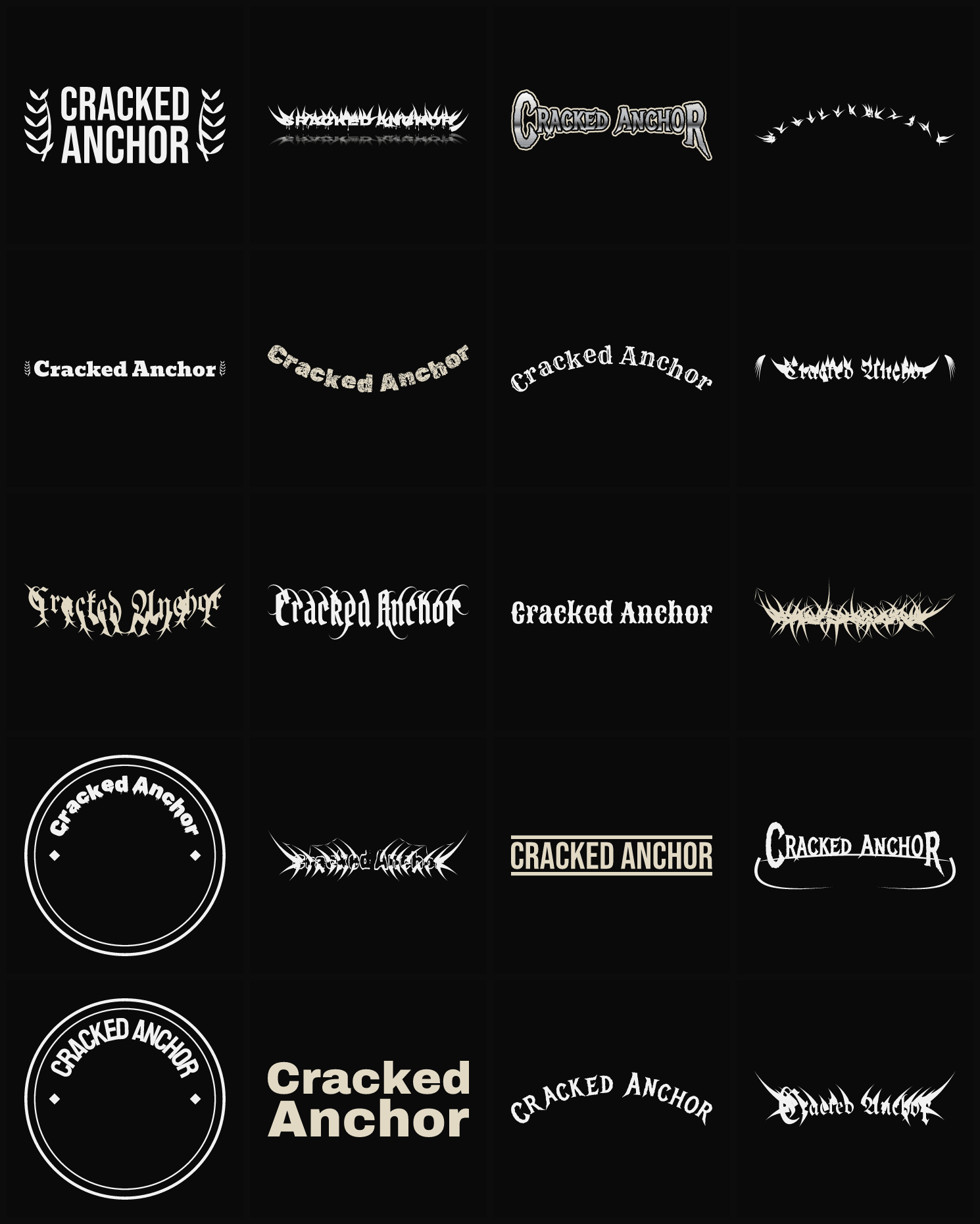 Twenty Cracked Anchor band logo ideas — different faces, treatments and spike settings