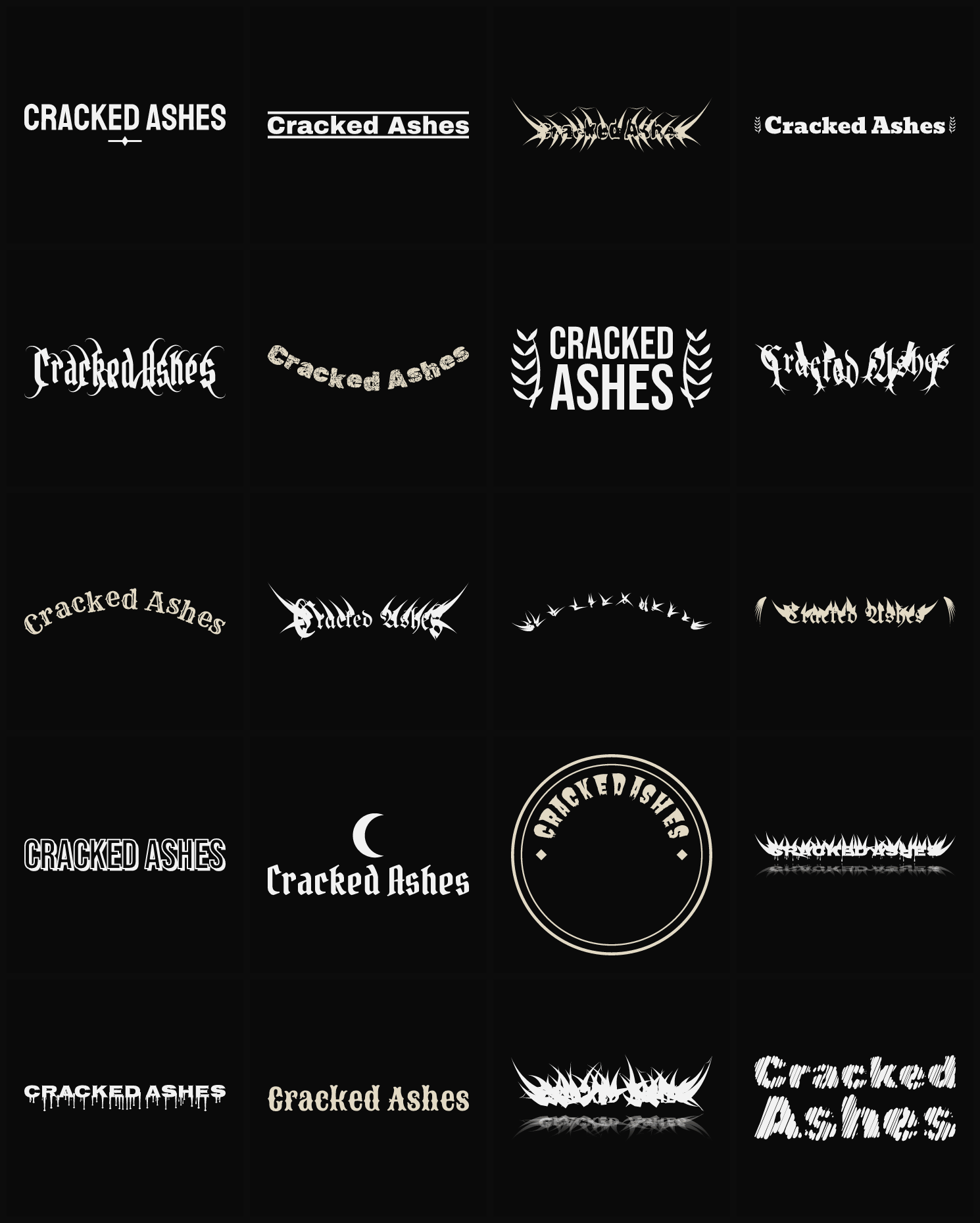 Twenty Cracked Ashes band logo ideas — different faces, treatments and spike settings