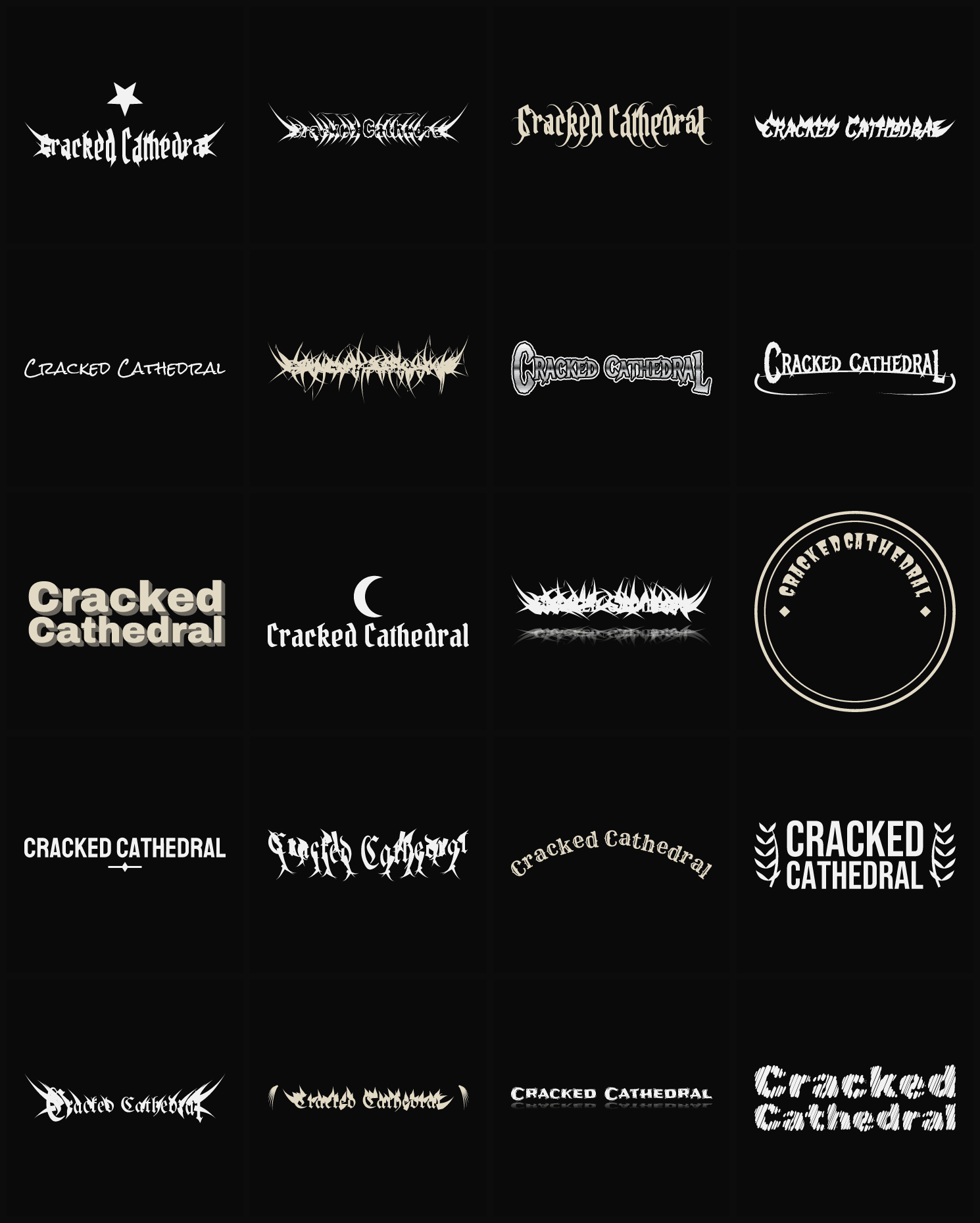 Twenty Cracked Cathedral band logo ideas — different faces, treatments and spike settings