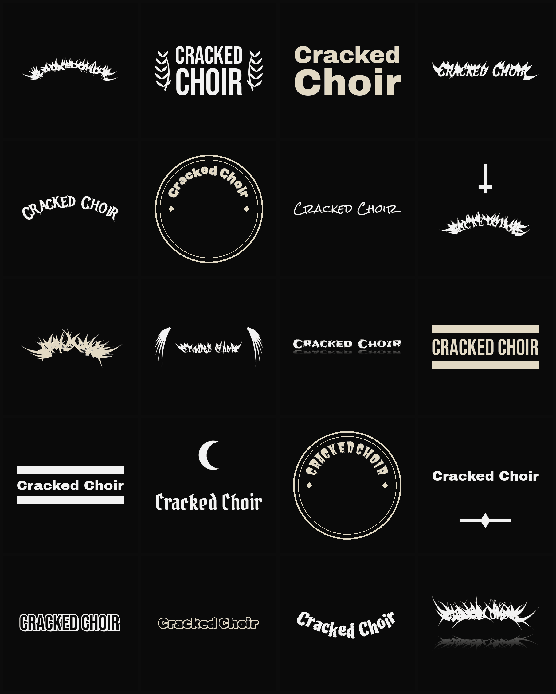 Twenty Cracked Choir band logo ideas — different faces, treatments and spike settings