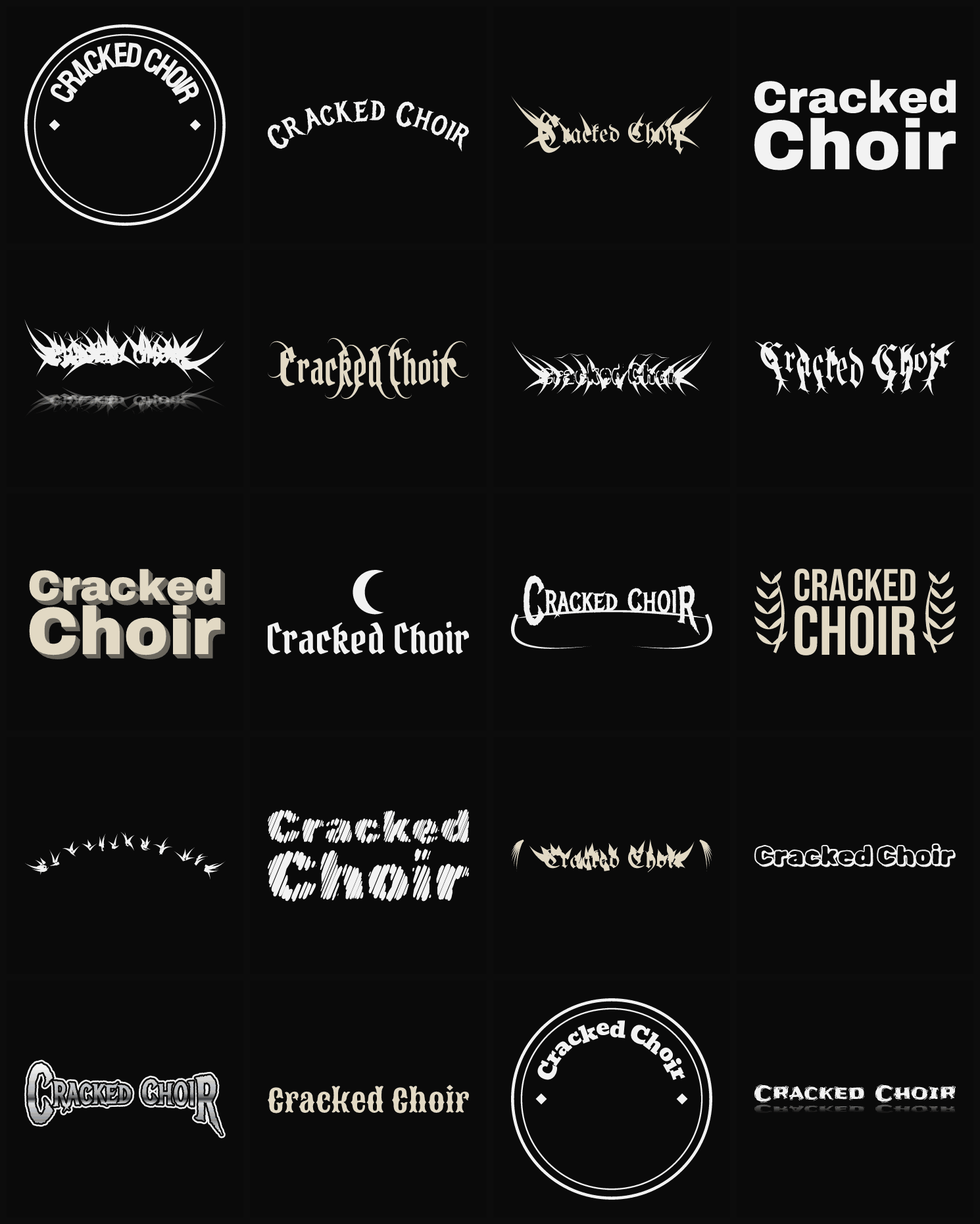Twenty Cracked Choir band logo ideas — different faces, treatments and spike settings