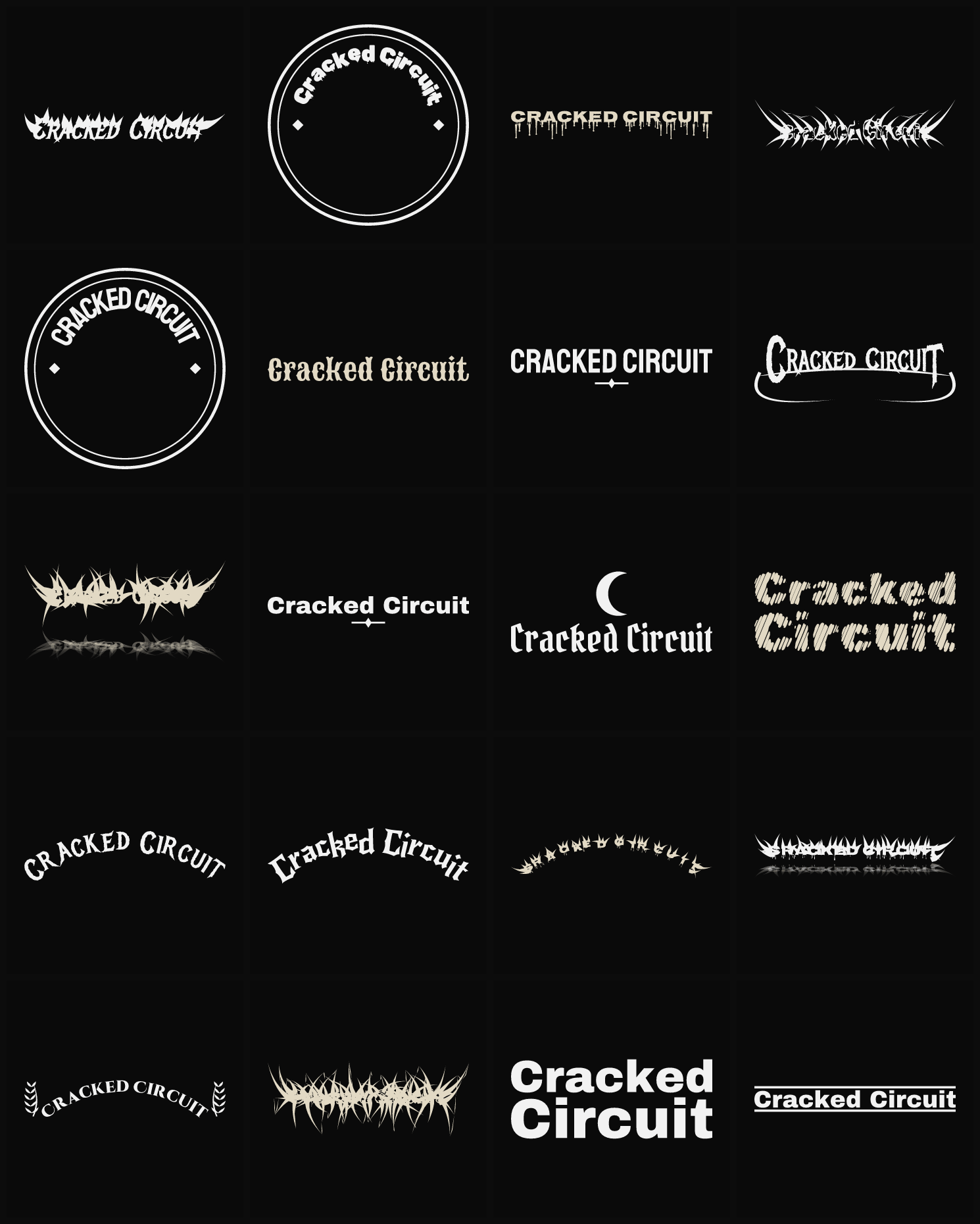 Twenty Cracked Circuit band logo ideas — different faces, treatments and spike settings