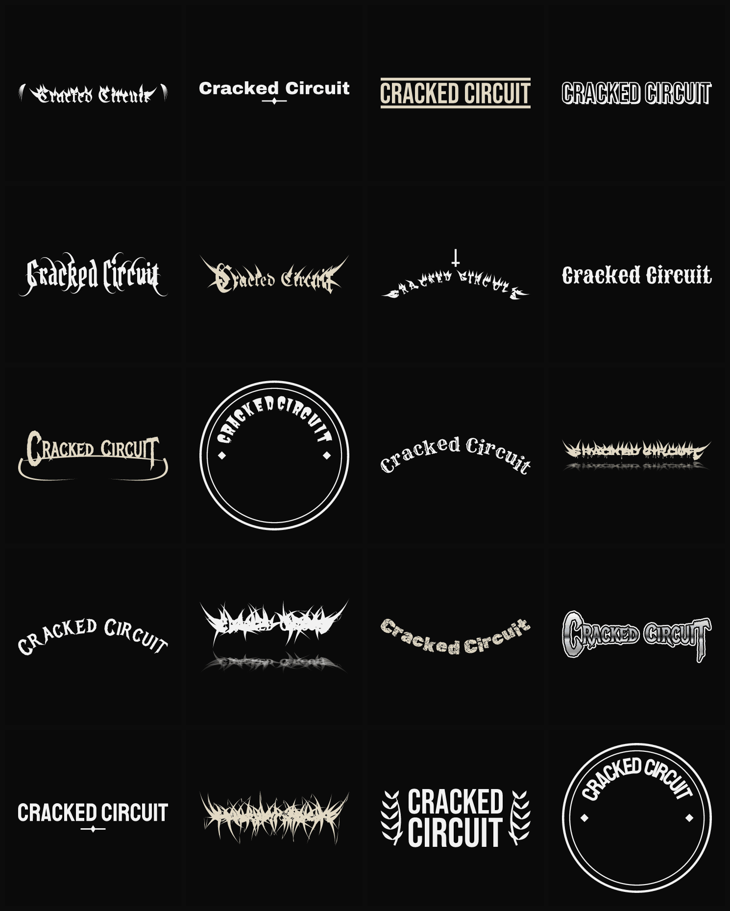Twenty Cracked Circuit band logo ideas — different faces, treatments and spike settings