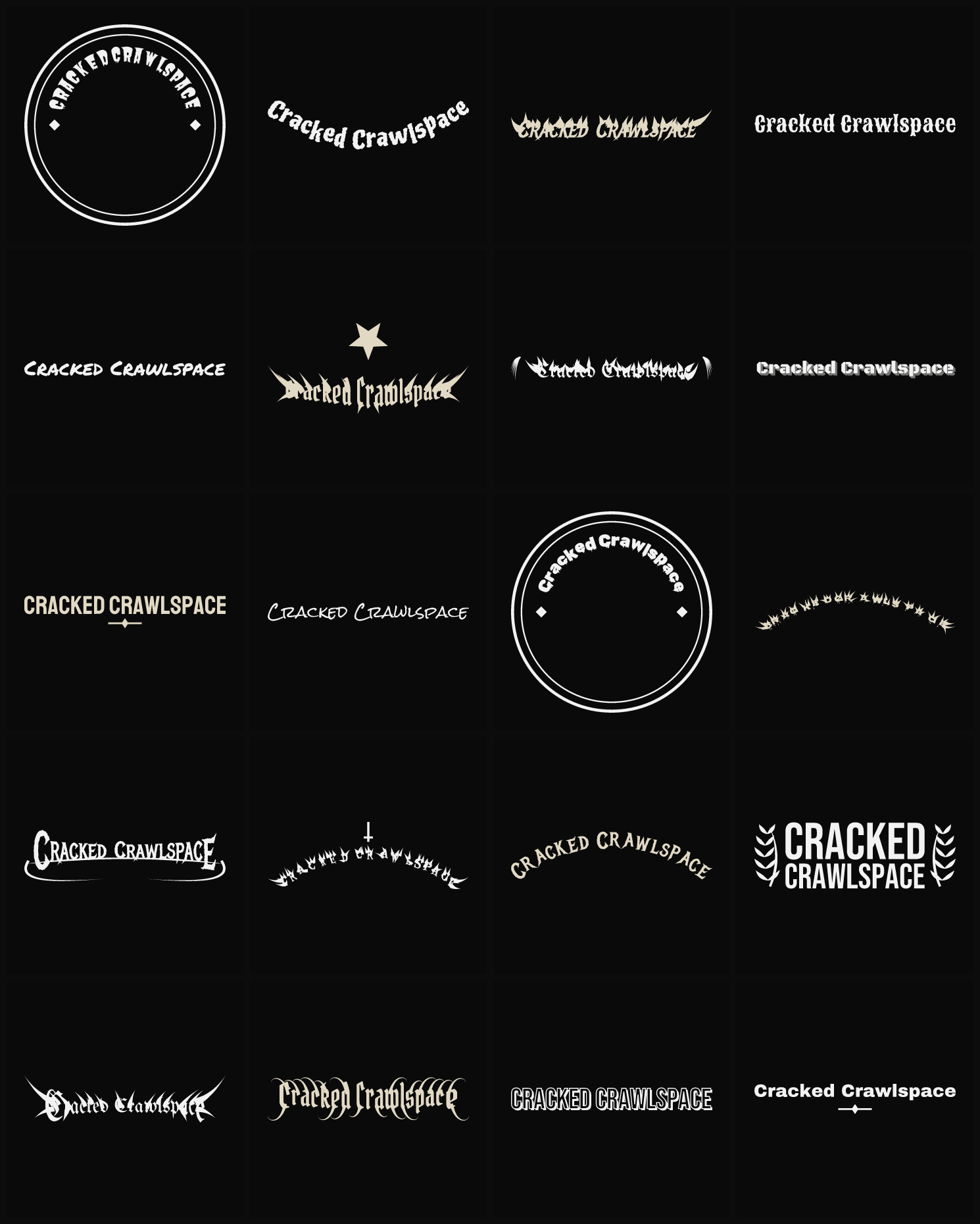 Twenty Cracked Crawlspace band logo ideas — different faces, treatments and spike settings