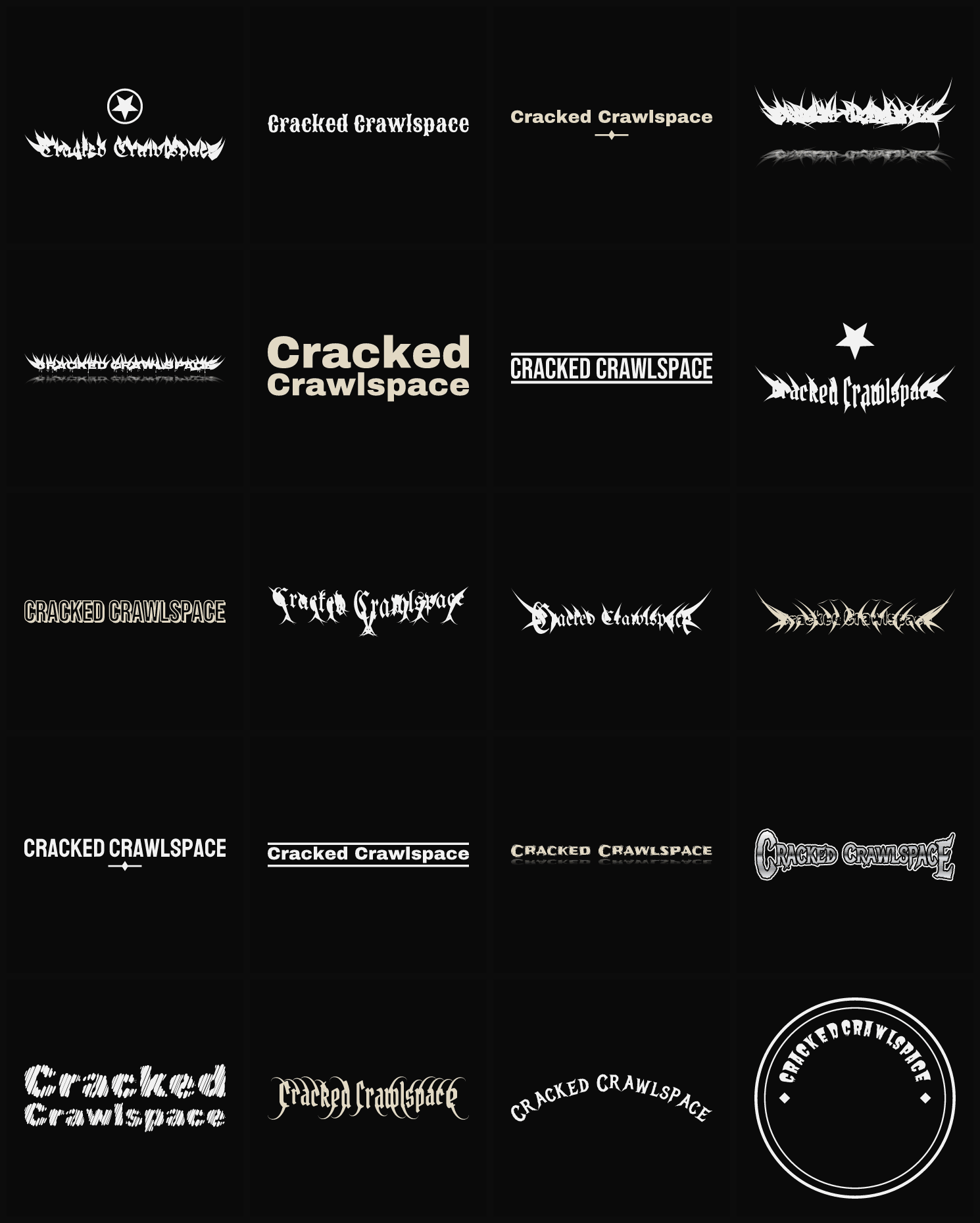 Twenty Cracked Crawlspace band logo ideas — different faces, treatments and spike settings