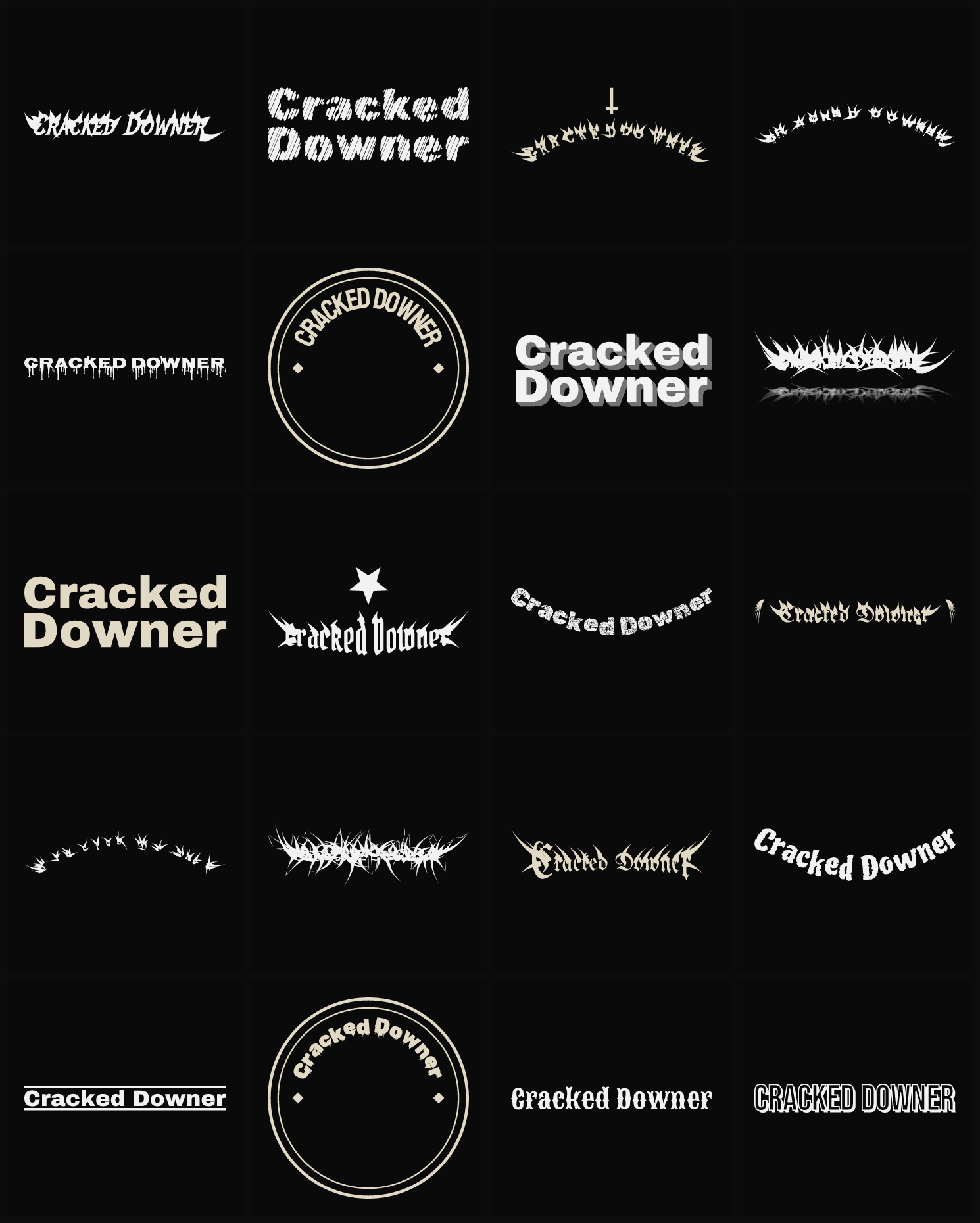 Twenty Cracked Downer band logo ideas — different faces, treatments and spike settings