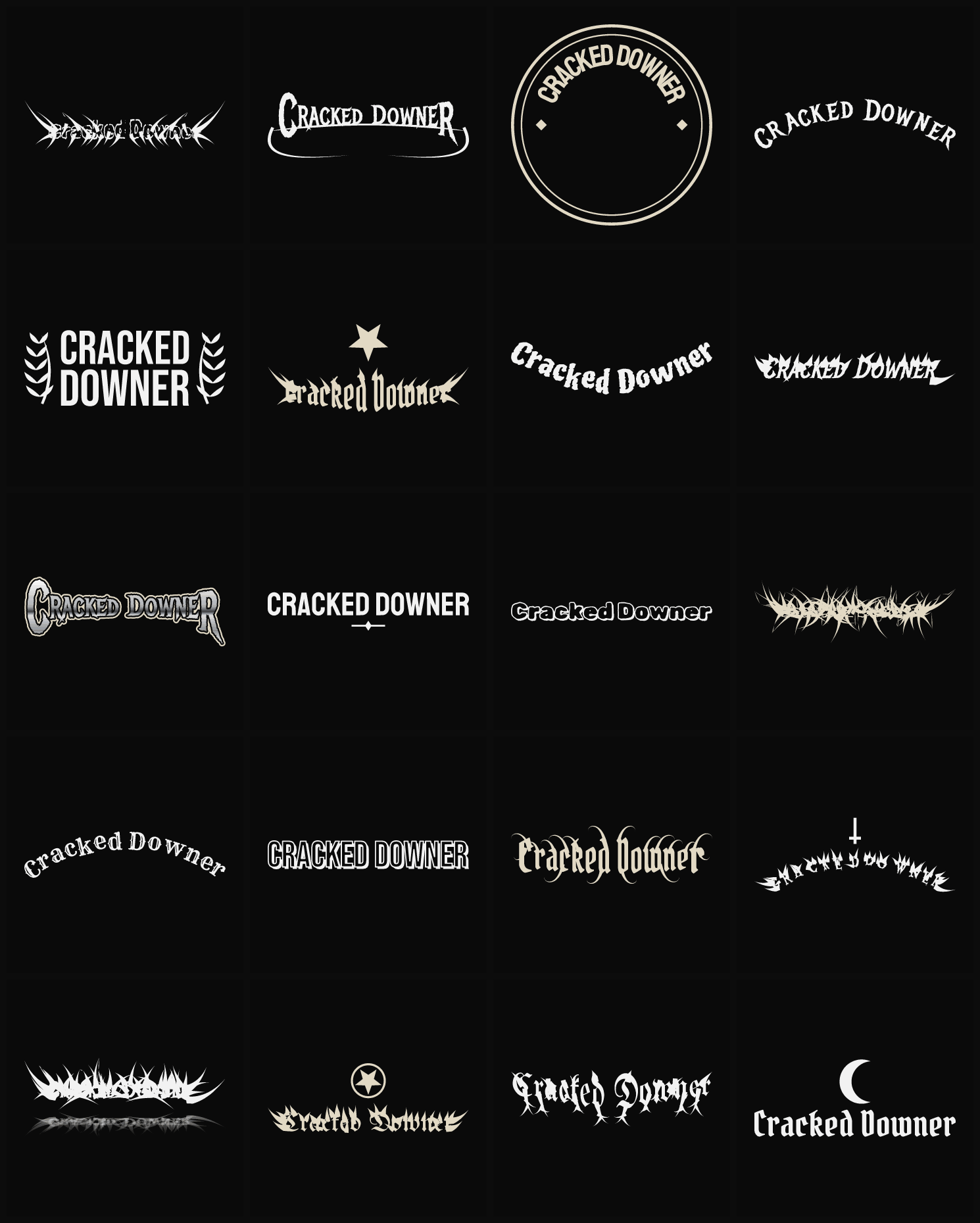 Twenty Cracked Downer band logo ideas — different faces, treatments and spike settings