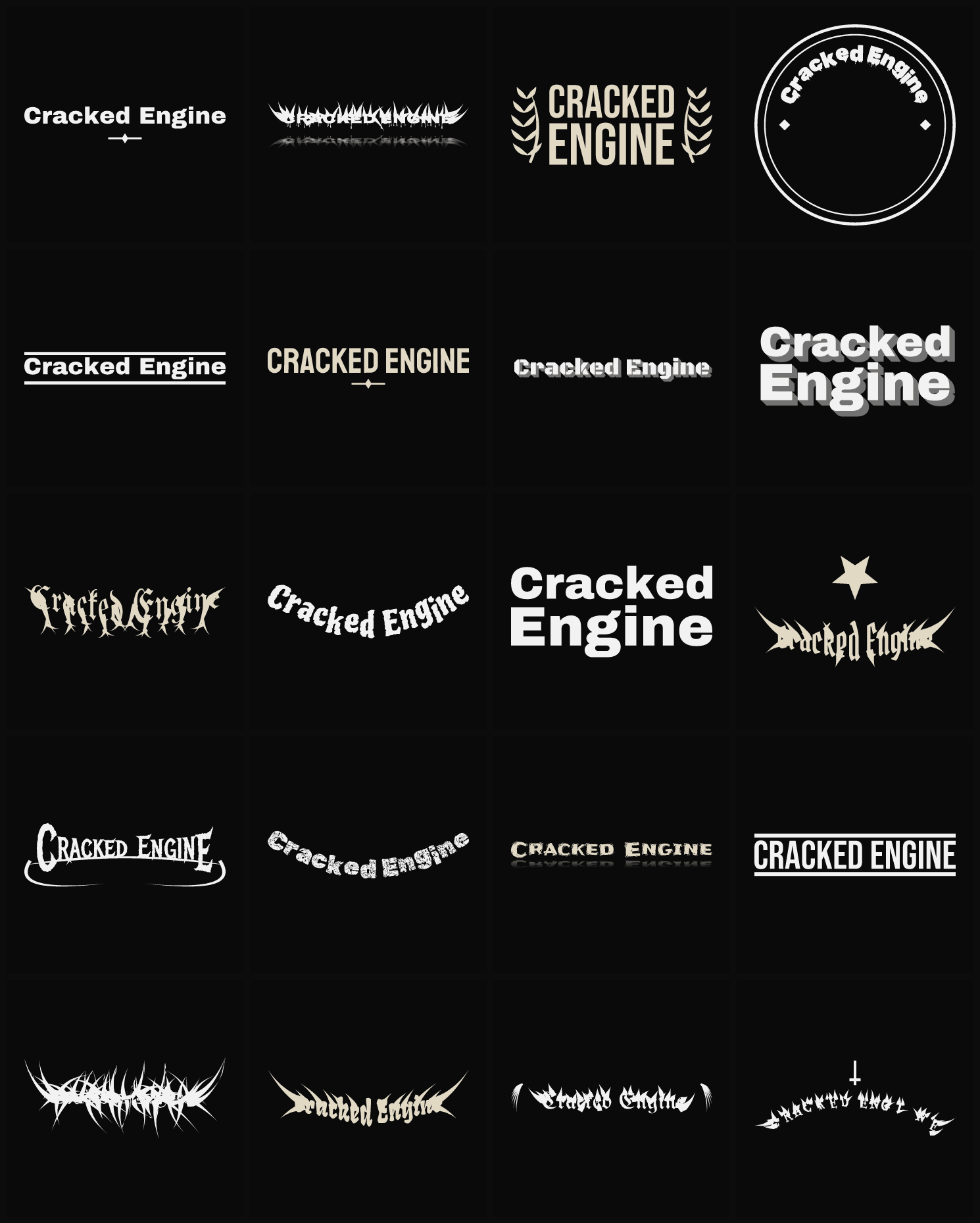 Twenty Cracked Engine band logo ideas — different faces, treatments and spike settings