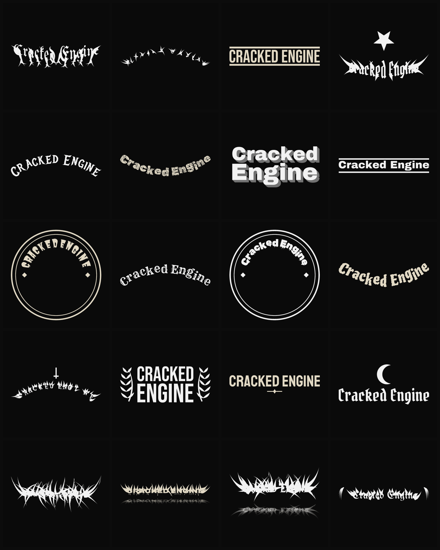 Twenty Cracked Engine band logo ideas — different faces, treatments and spike settings