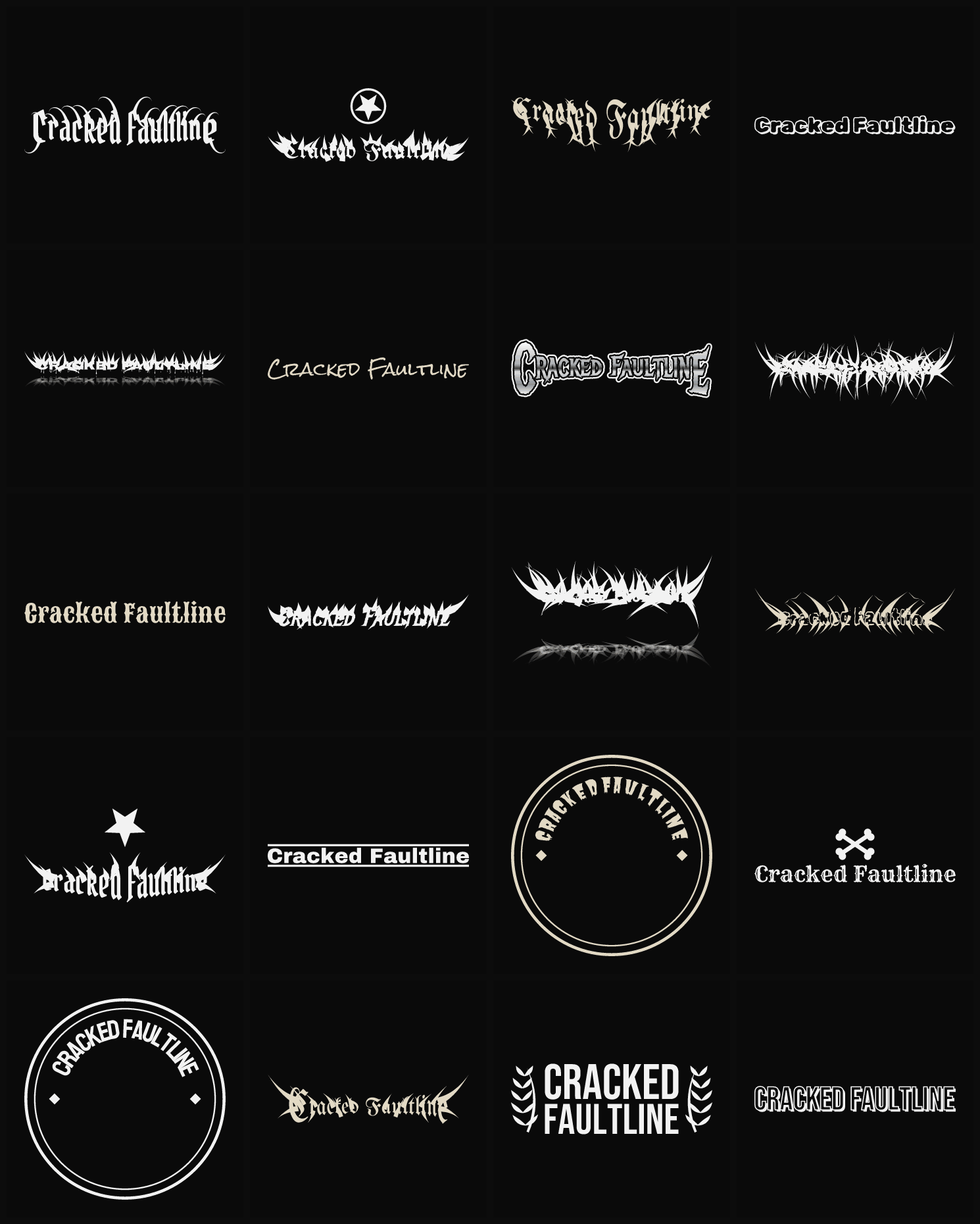 Twenty Cracked Faultline band logo ideas — different faces, treatments and spike settings