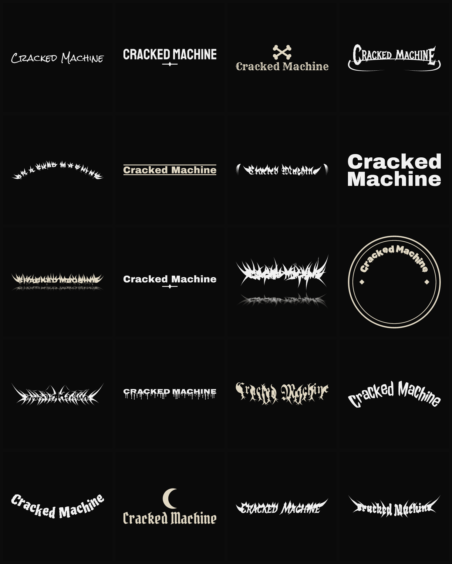 Twenty Cracked Machine band logo ideas — different faces, treatments and spike settings