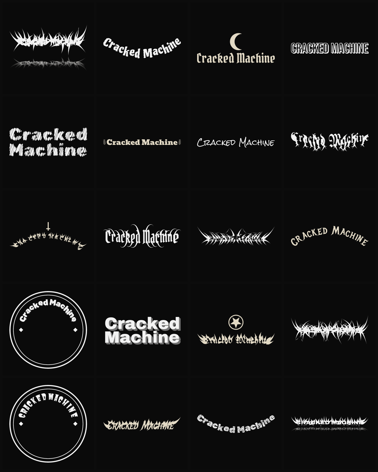 Twenty Cracked Machine band logo ideas — different faces, treatments and spike settings