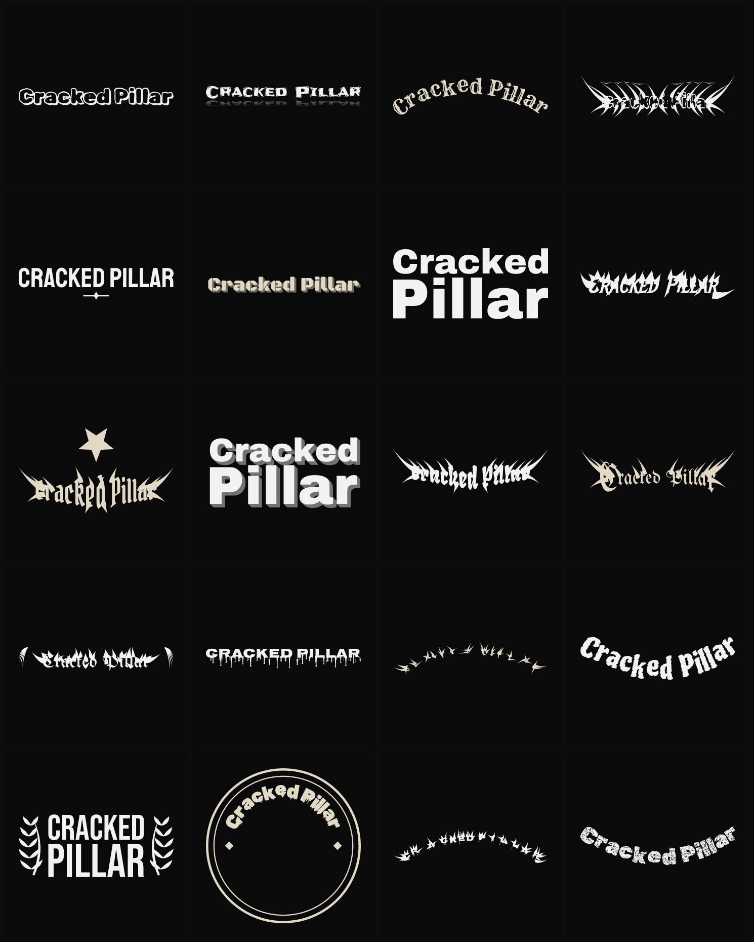 Twenty Cracked Pillar band logo ideas — different faces, treatments and spike settings