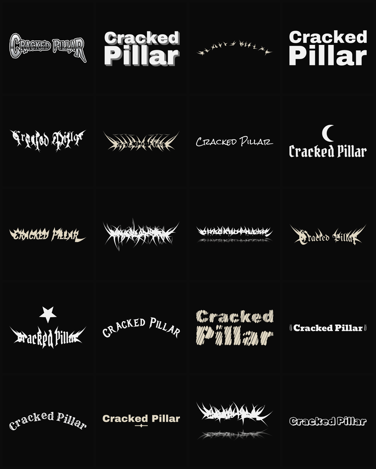 Twenty Cracked Pillar band logo ideas — different faces, treatments and spike settings
