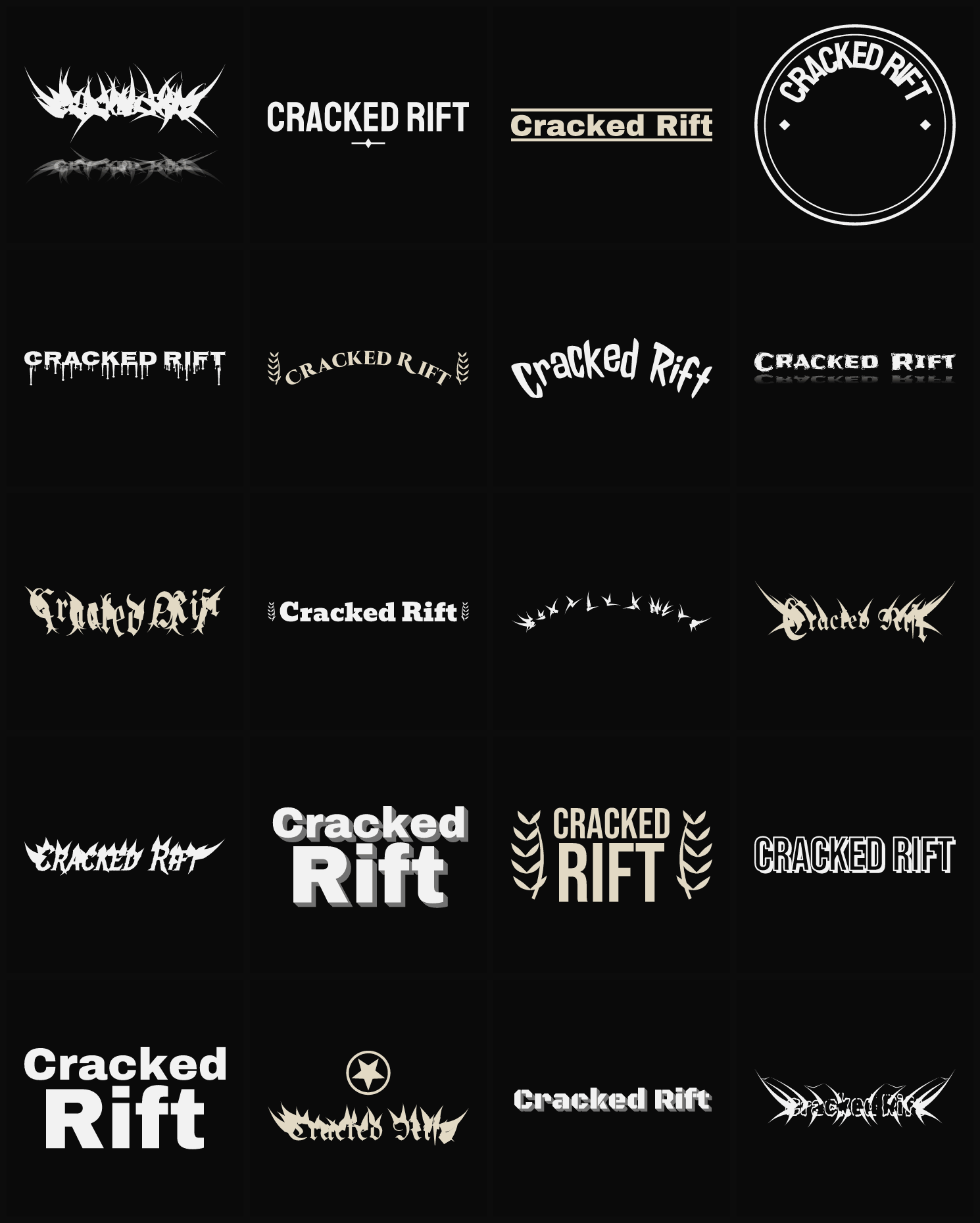 Twenty Cracked Rift band logo ideas — different faces, treatments and spike settings