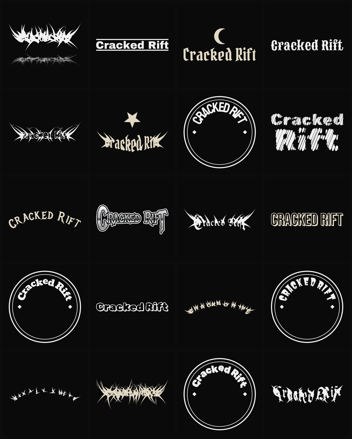 Twenty Cracked Rift band logo ideas — different faces, treatments and spike settings